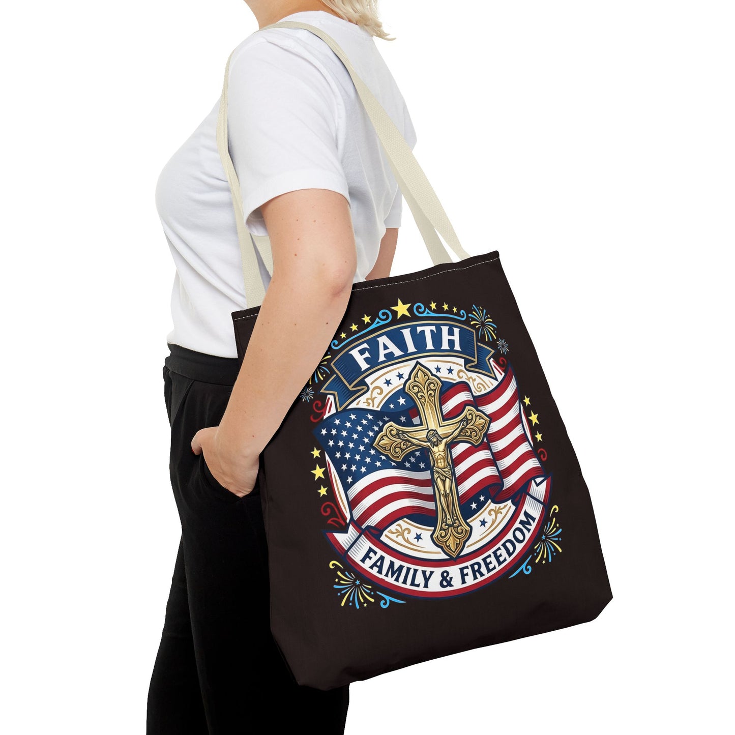 Faith, Family & Freedom Cross Bag — Patriotic American Flag Canvas Tote (USA 250th)