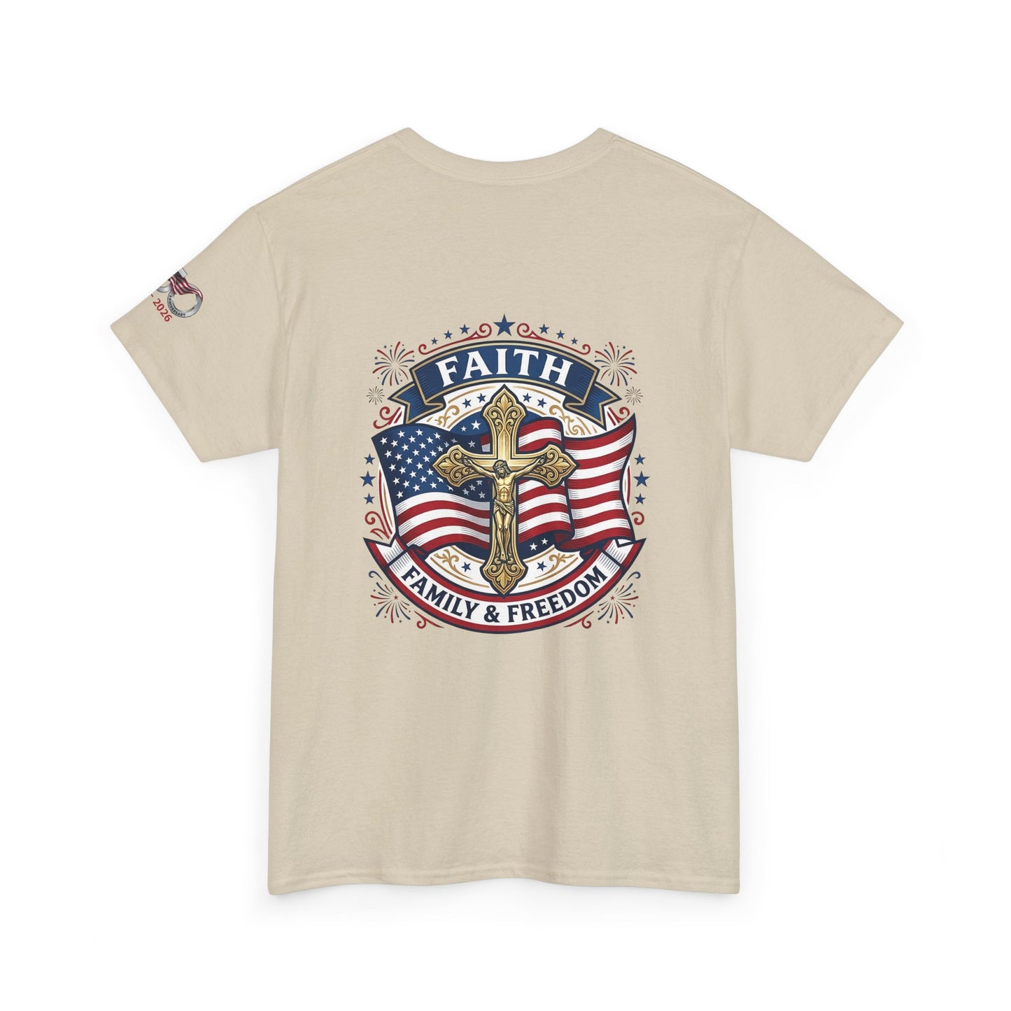 Catholic Faith, Family & Freedom T‑Shirt — Patriotic Cross American Flag Tee (USA 250th)