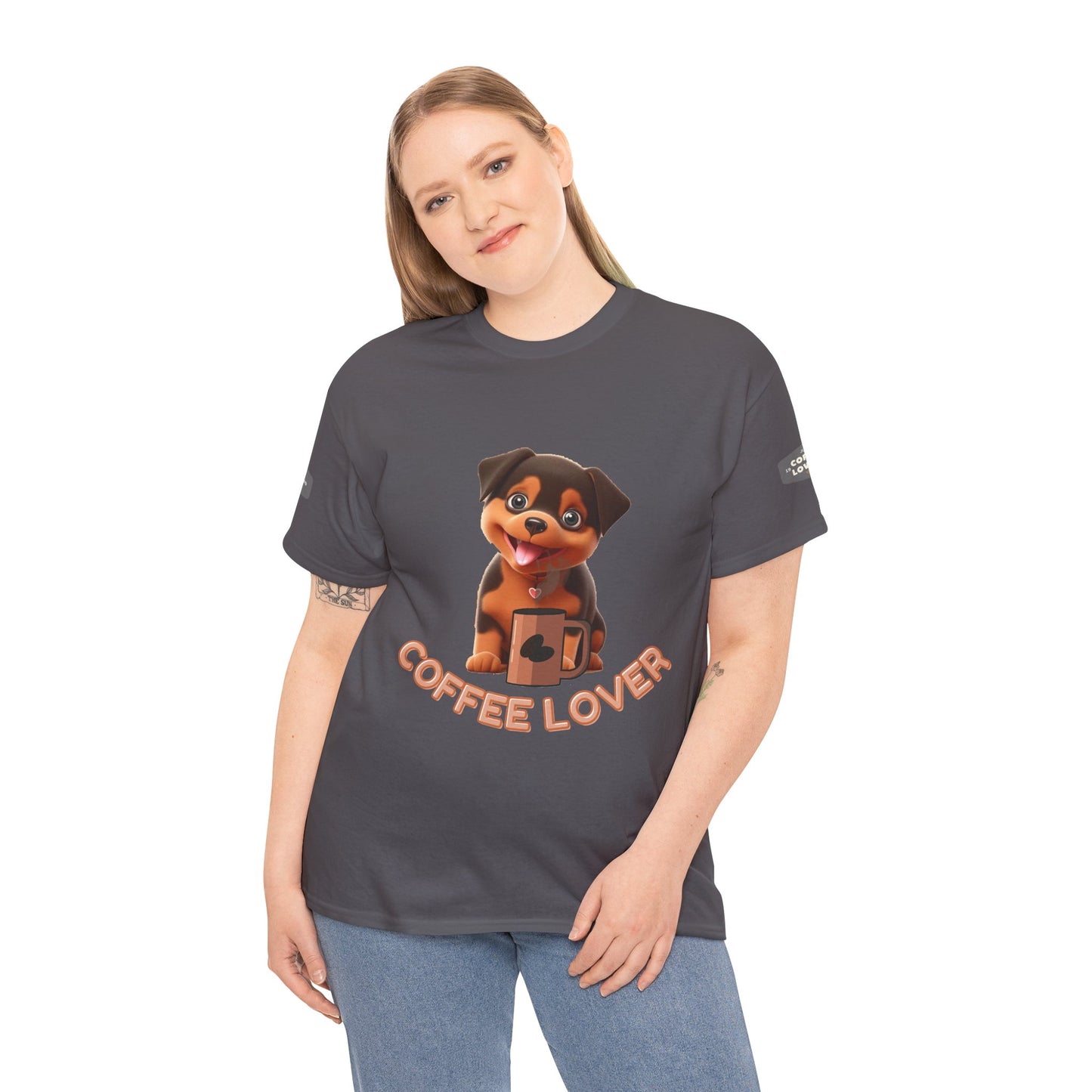 COFFEE LOVERS COTTON TEE for Dog Lovers. Person wearing a gray t-shirt with a dog graphic and 'Coffee Lover' text on a white background