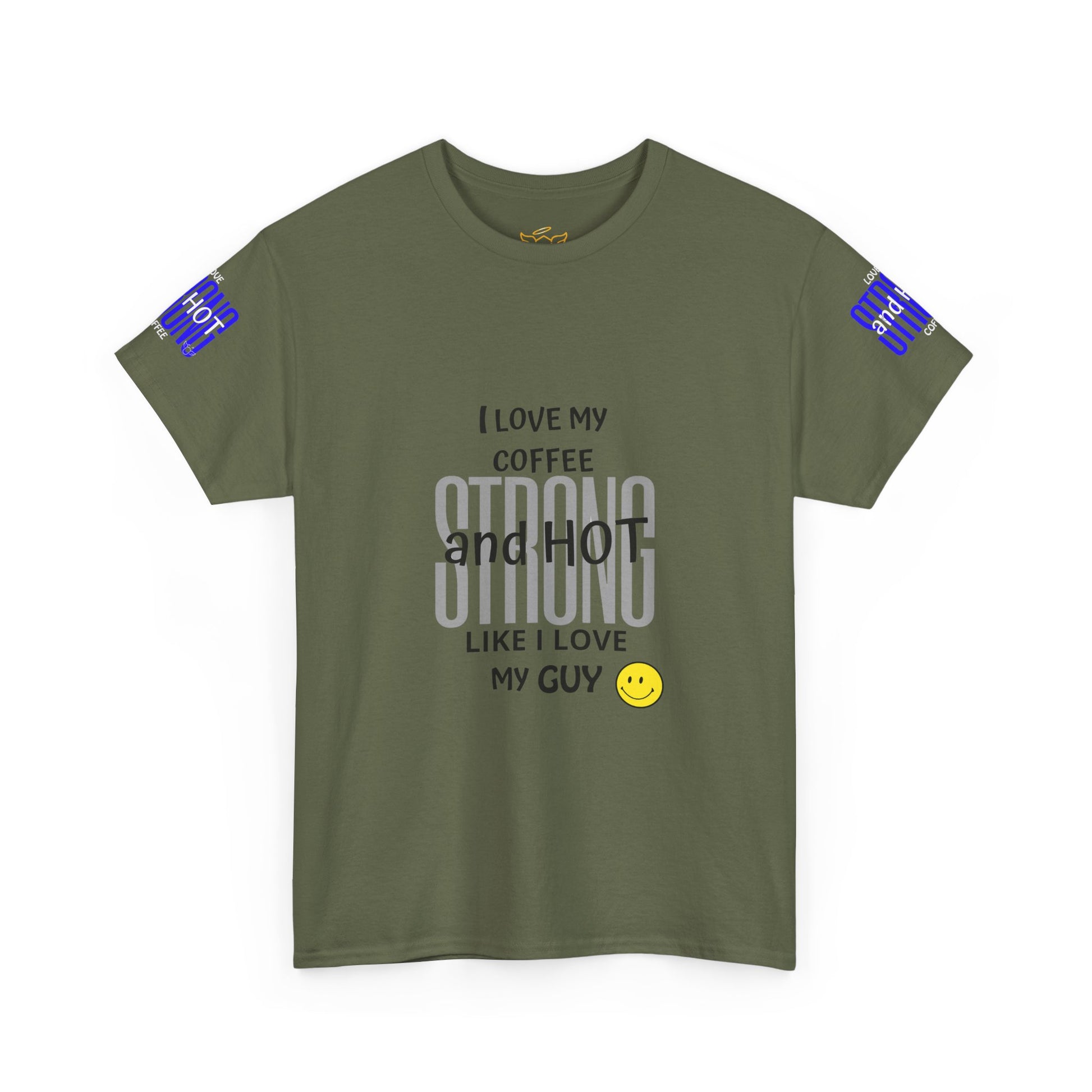 Coffee Lover Heavy Cotton Tee - I Love My Coffee Strong and Hot, Green t-shirt with text and smiley face on a white background