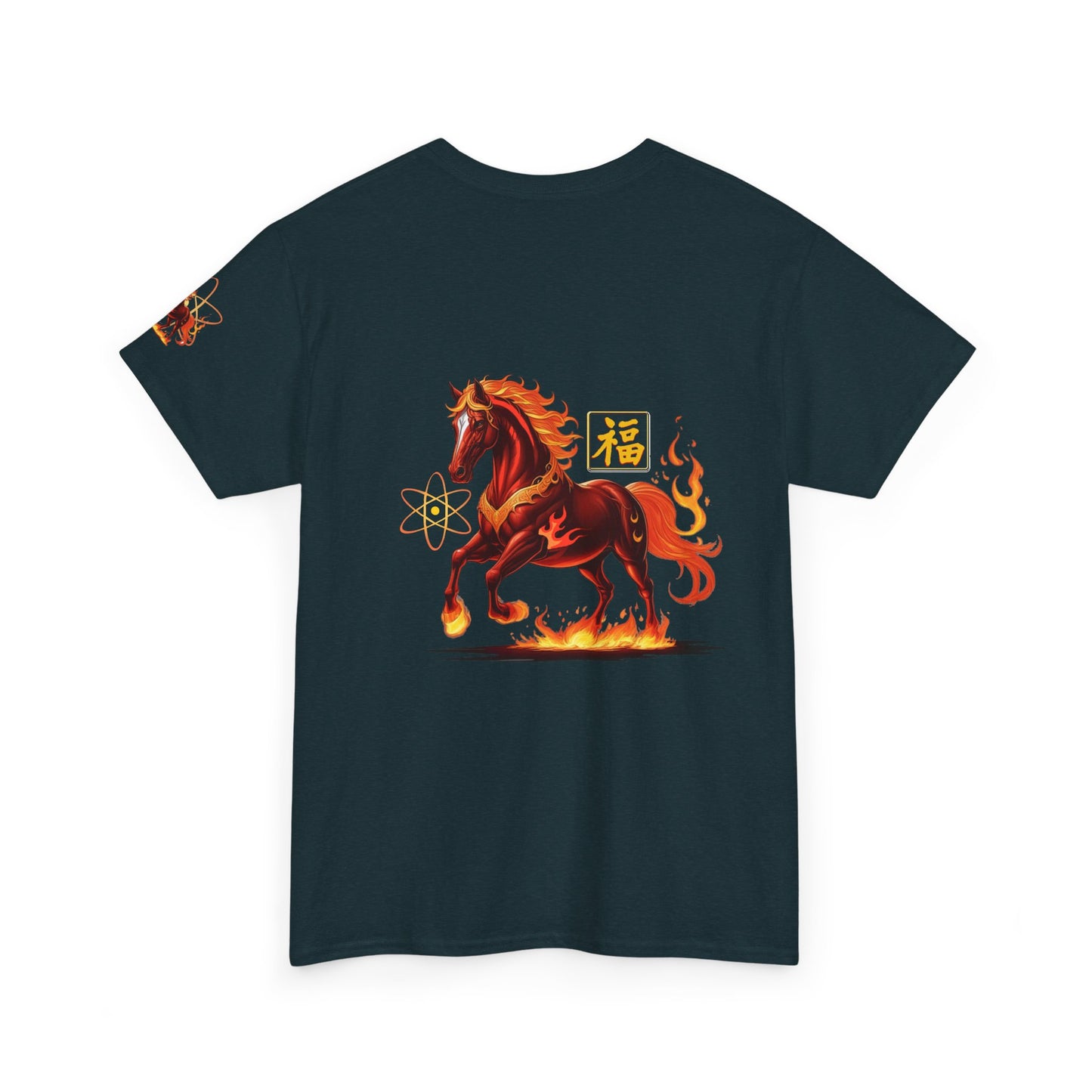 Lunar New Year Fiery Horse Novelty T-Shirt, Black t-shirt with a fiery horse design on the back against a white background