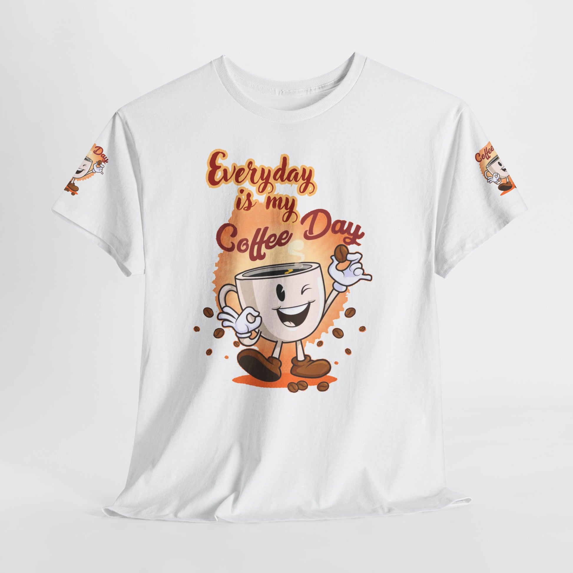 White t-shirt with a cartoon coffee cup and 'Everyday is my Coffee Day' text on a white background, Coffee Lovers Cotton Tee - Every Day is My Coffee day