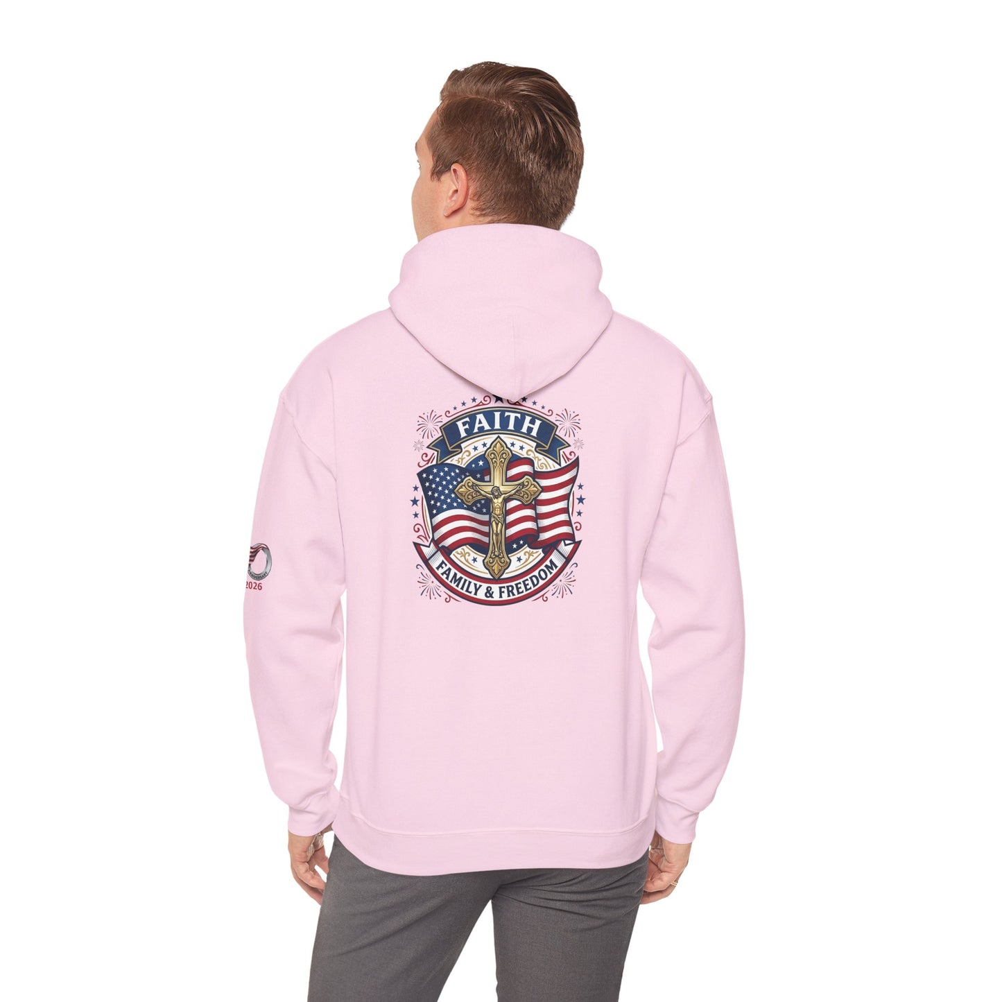 Catholic Faith, Family & Freedom Hoodie - Patriotic American Flag Cross Pullover (USA 250th)