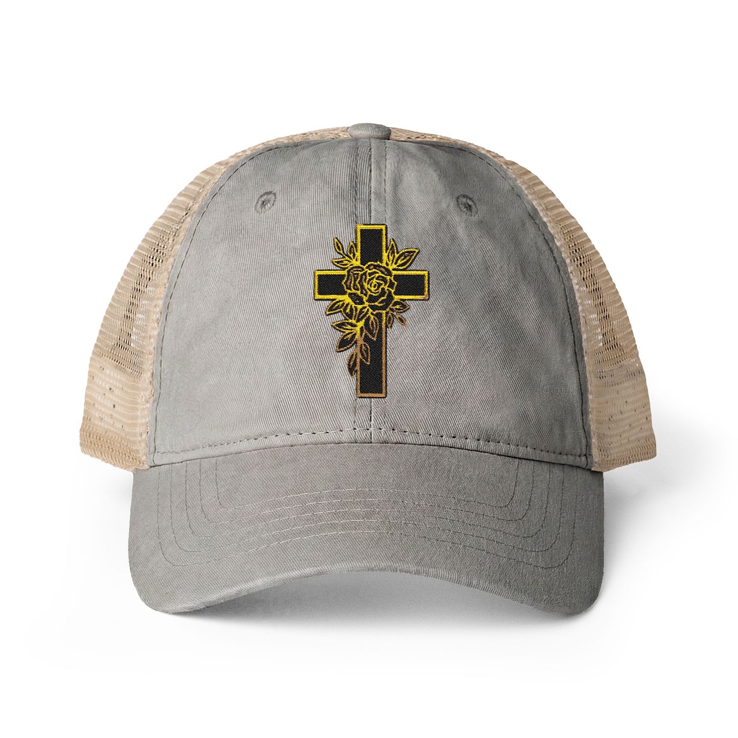 Gray cap with beige mesh back and black and gold cross design on the front of cap