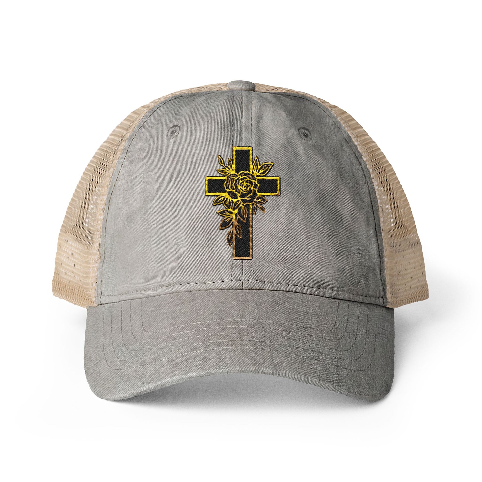 Gray cap with beige mesh back and black and gold cross design on the front of cap