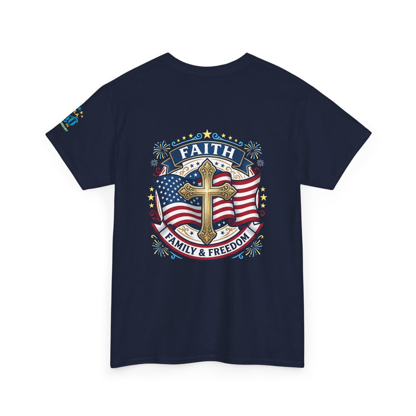 Faith, Family & Freedom T-Shirt — American Flag Cross Patriotic Tee (USA 250th)