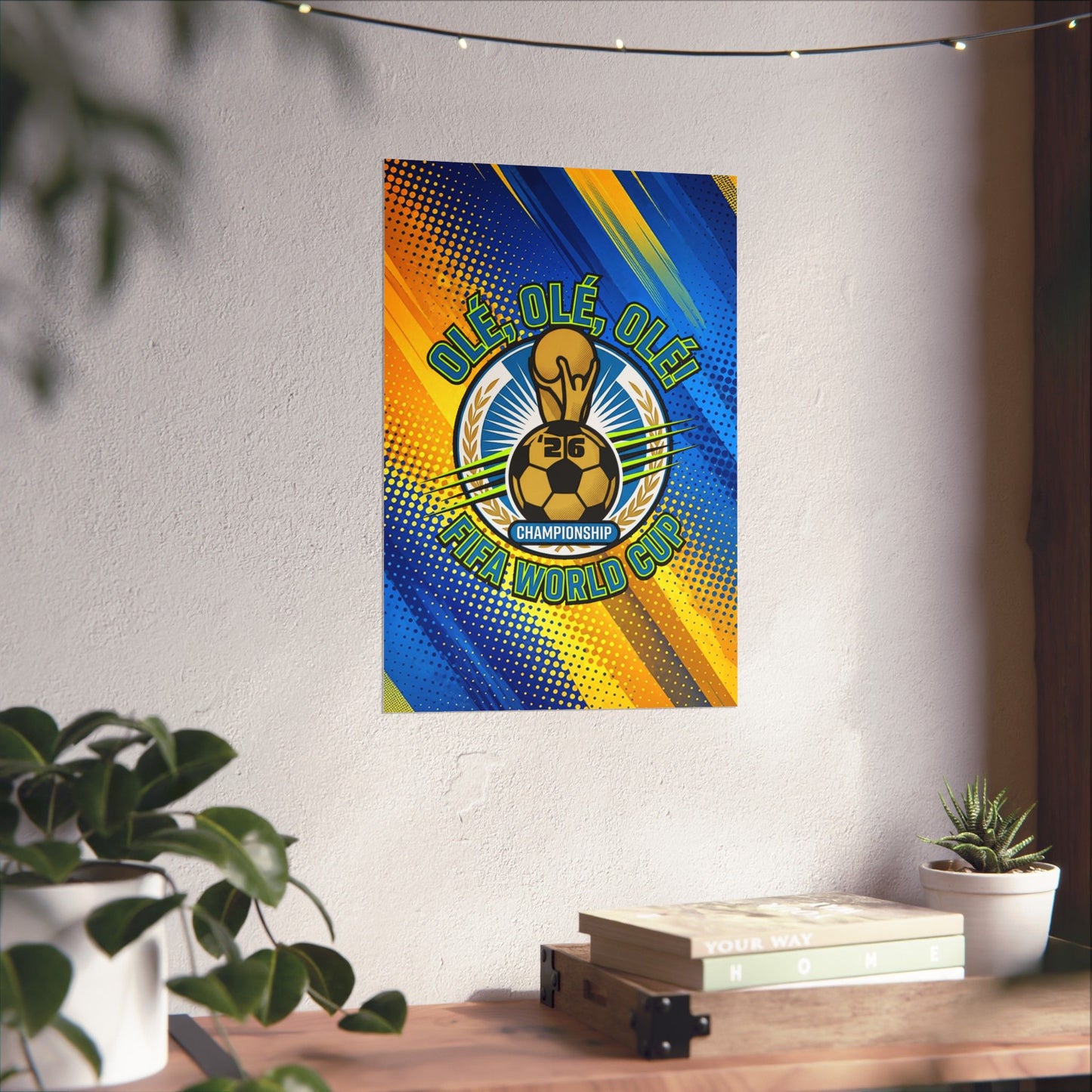 Colorful sports-themed poster on a wall with plants and books below.