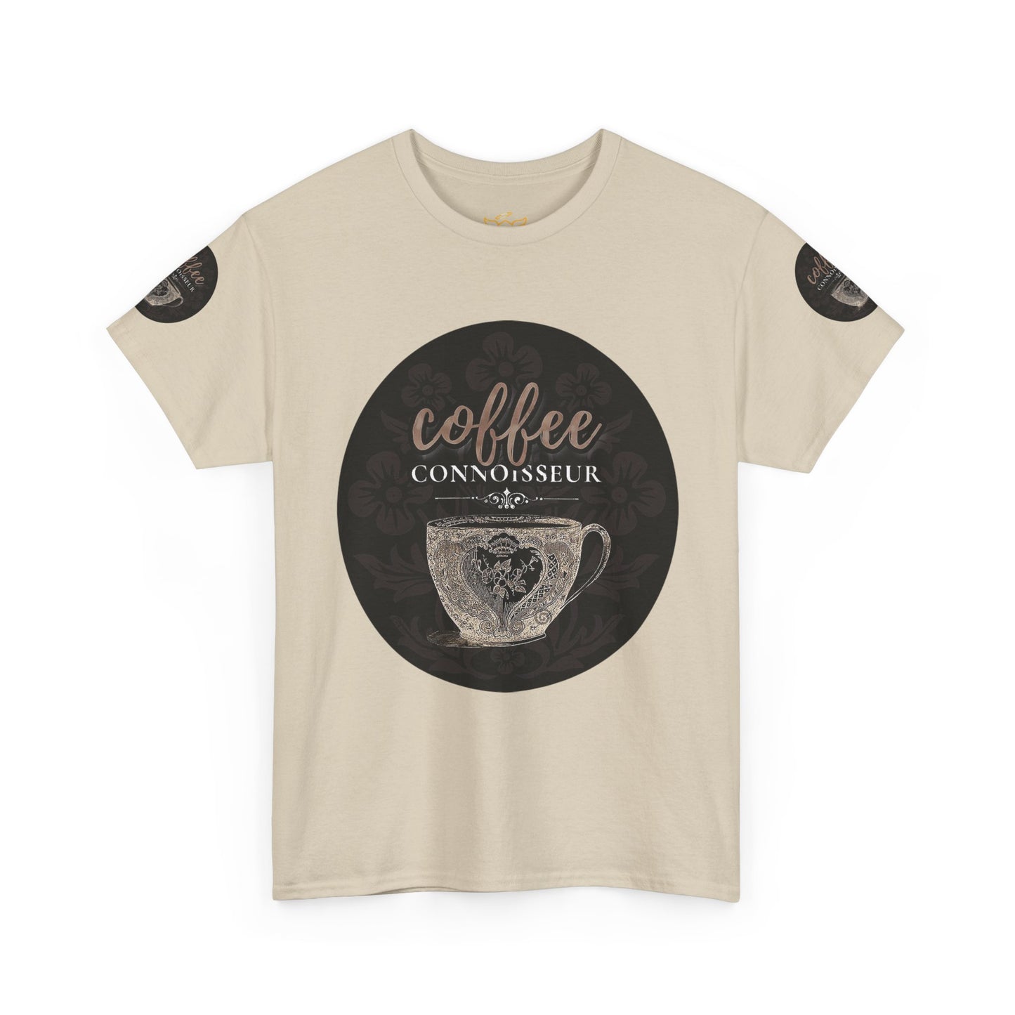 COFFEE LOVERS COTTON TEES For Connoisseurs, Beige t-shirt with 'coffee connoisseur' graphic on a white background