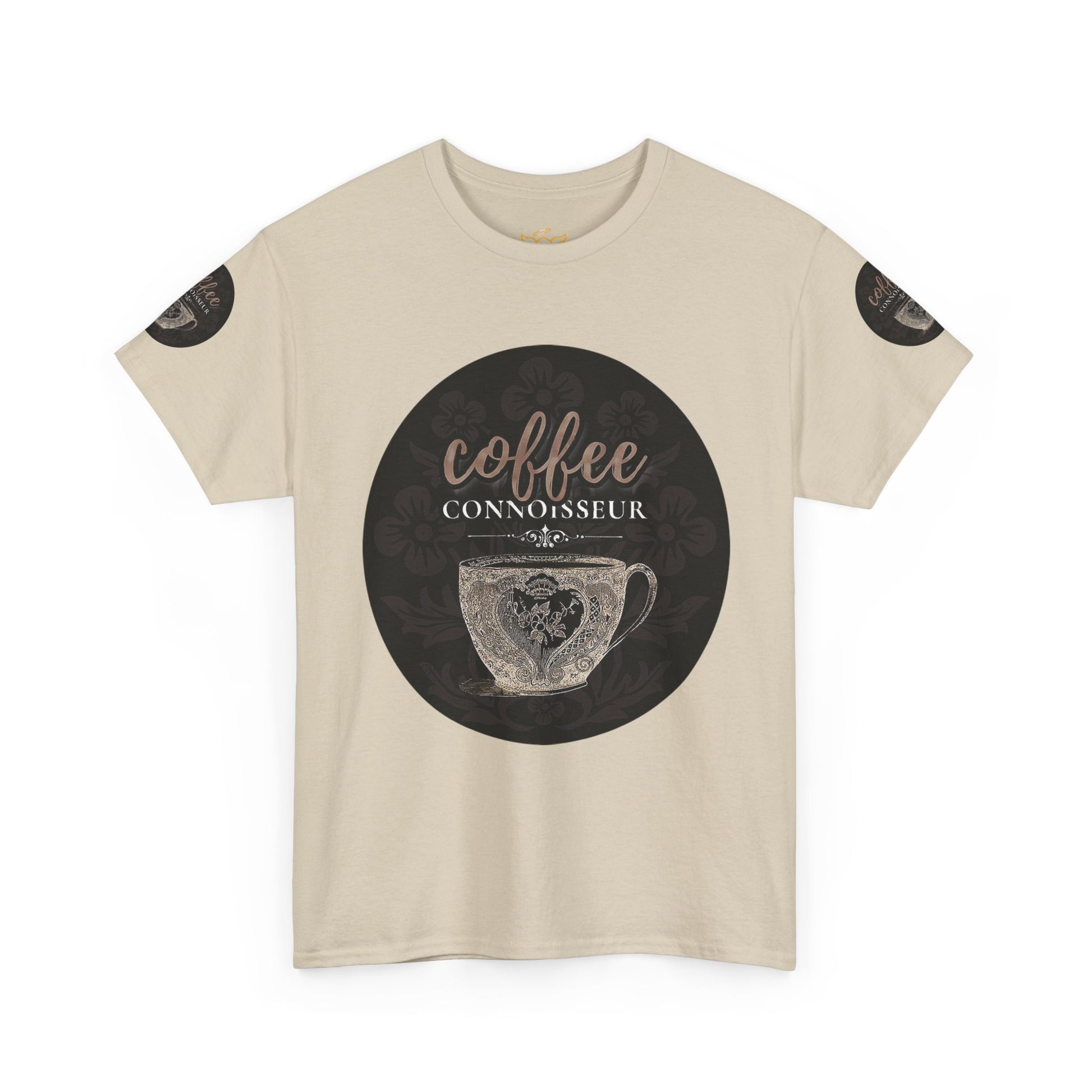 COFFEE LOVERS COTTON TEES For Connoisseurs, Beige t-shirt with 'coffee connoisseur' graphic on a white background