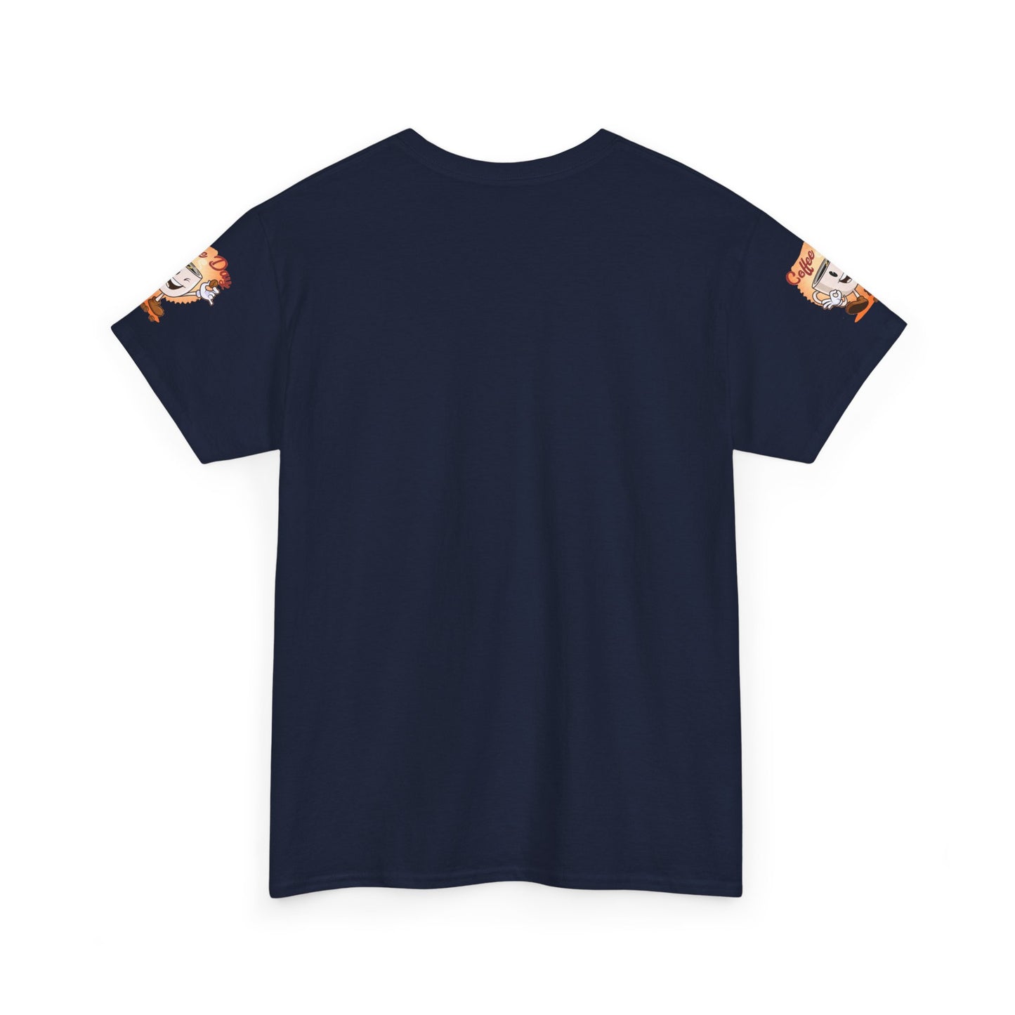 Navy blue t-shirt with arm designs on a white background