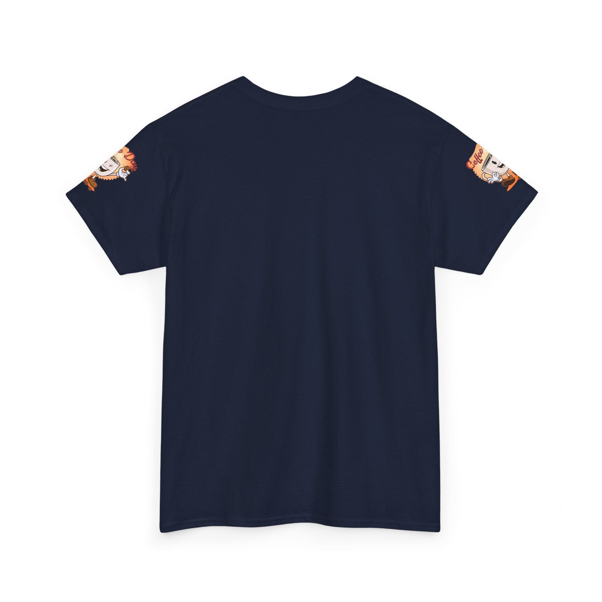 Navy blue t-shirt with arm designs on a white background