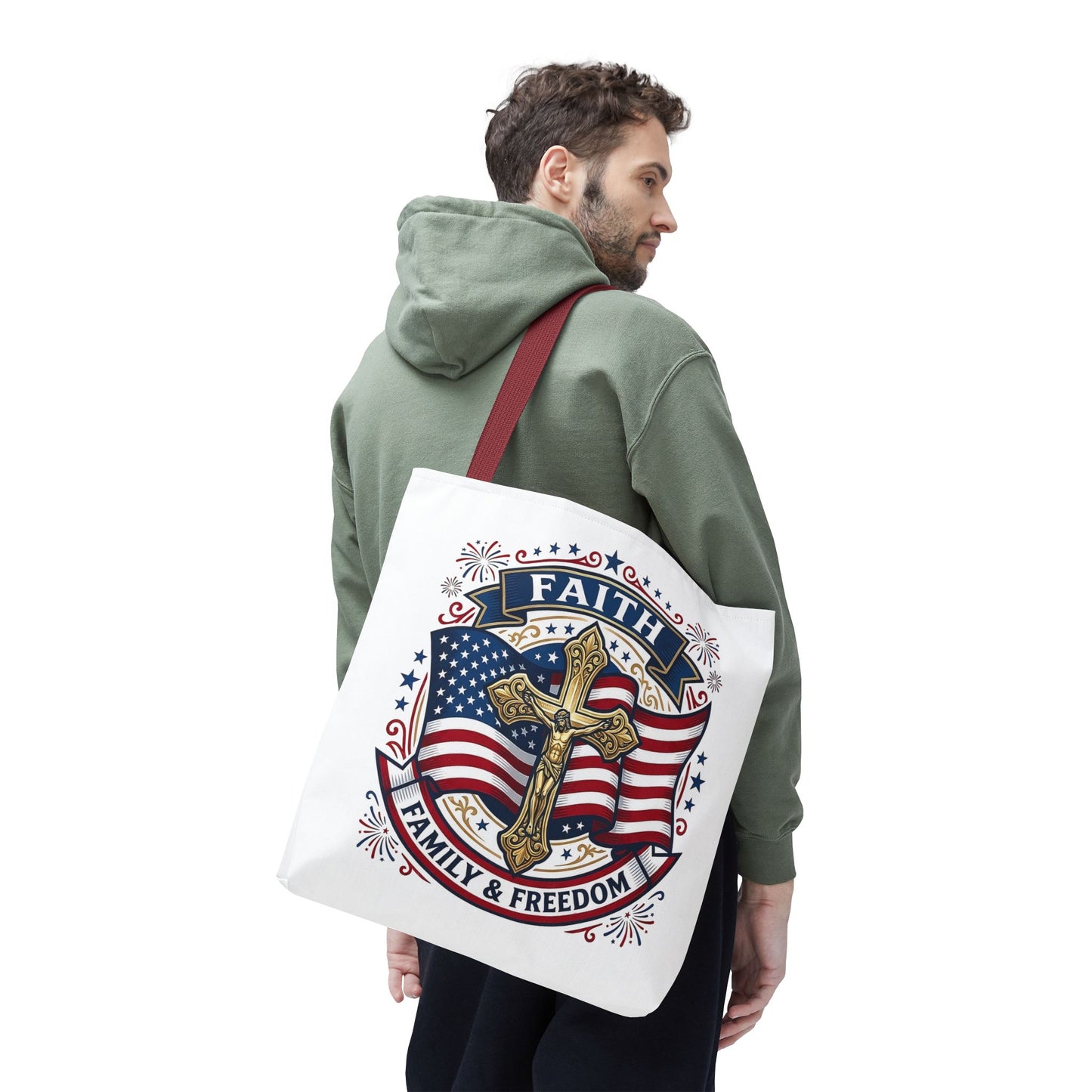 Faith, Family & Freedom Tote Bag — Patriotic Cross American Flag Tote (USA 250th)