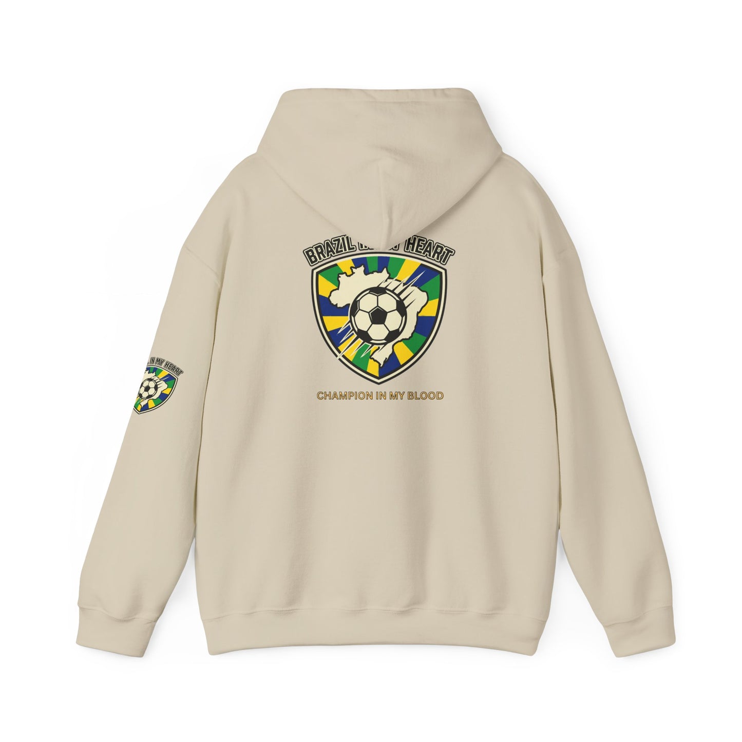 Beige hoodie with soccer-themed designs on a white background