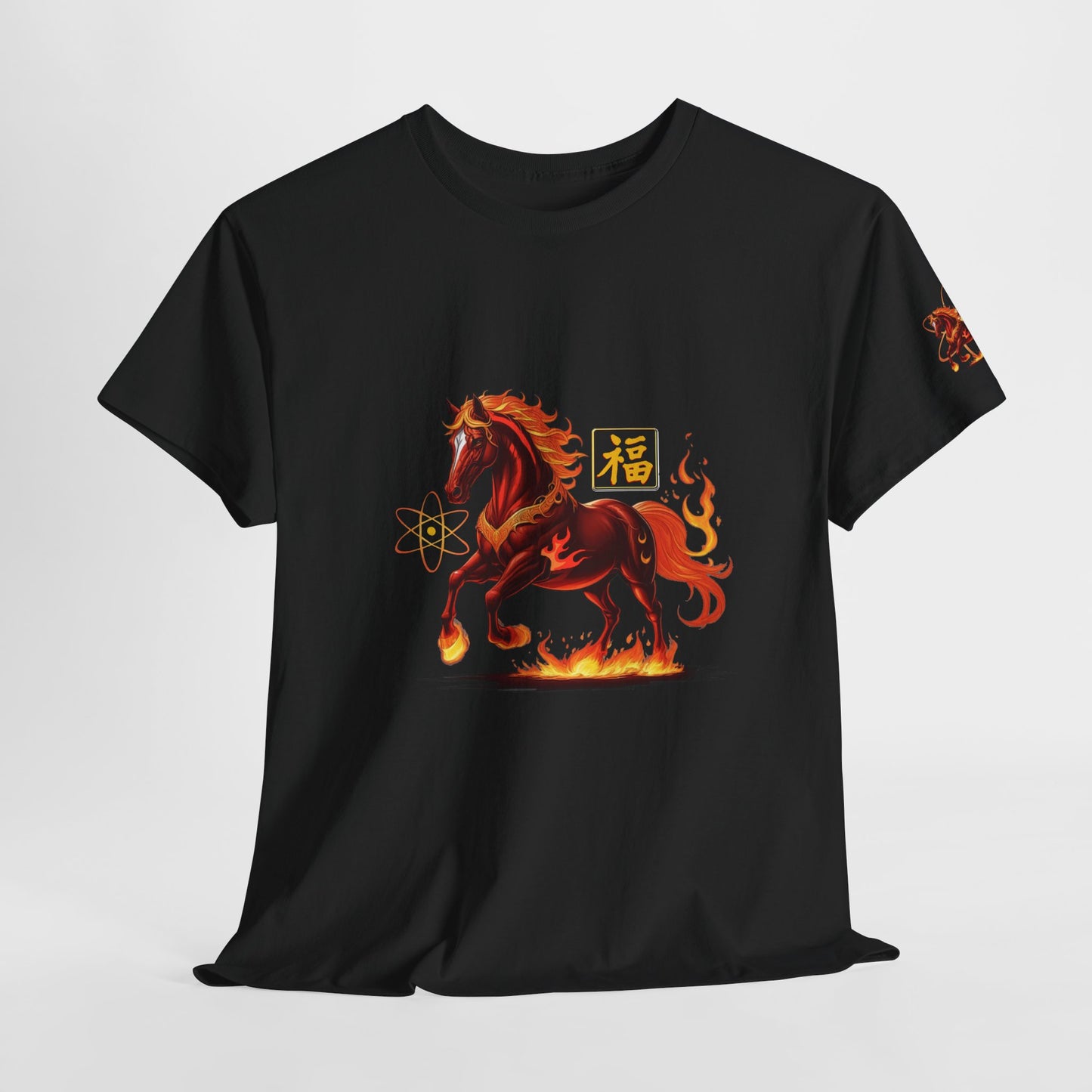 Lunar New Year Fiery Horse Novelty T-Shirt, Black t-shirt with a fiery horse design on a white background