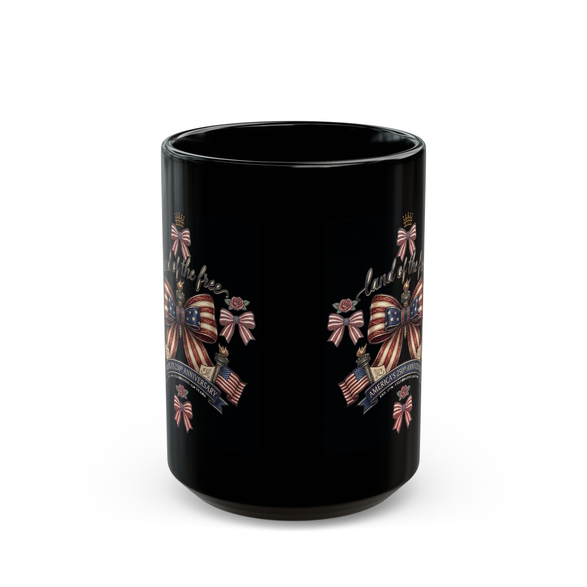 USA 250th ANNIVERSARY Ribbon Heart Black Mug — America 250 Years ANNIVERSARY Bow Ribbons Coffee Cup - Trending Novelties & Gifts