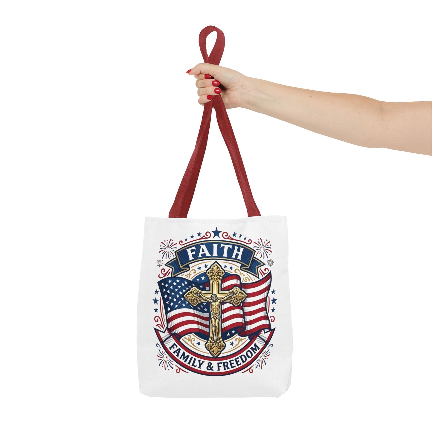 Faith, Family & Freedom Tote Bag — Patriotic Cross American Flag Tote (USA 250th)