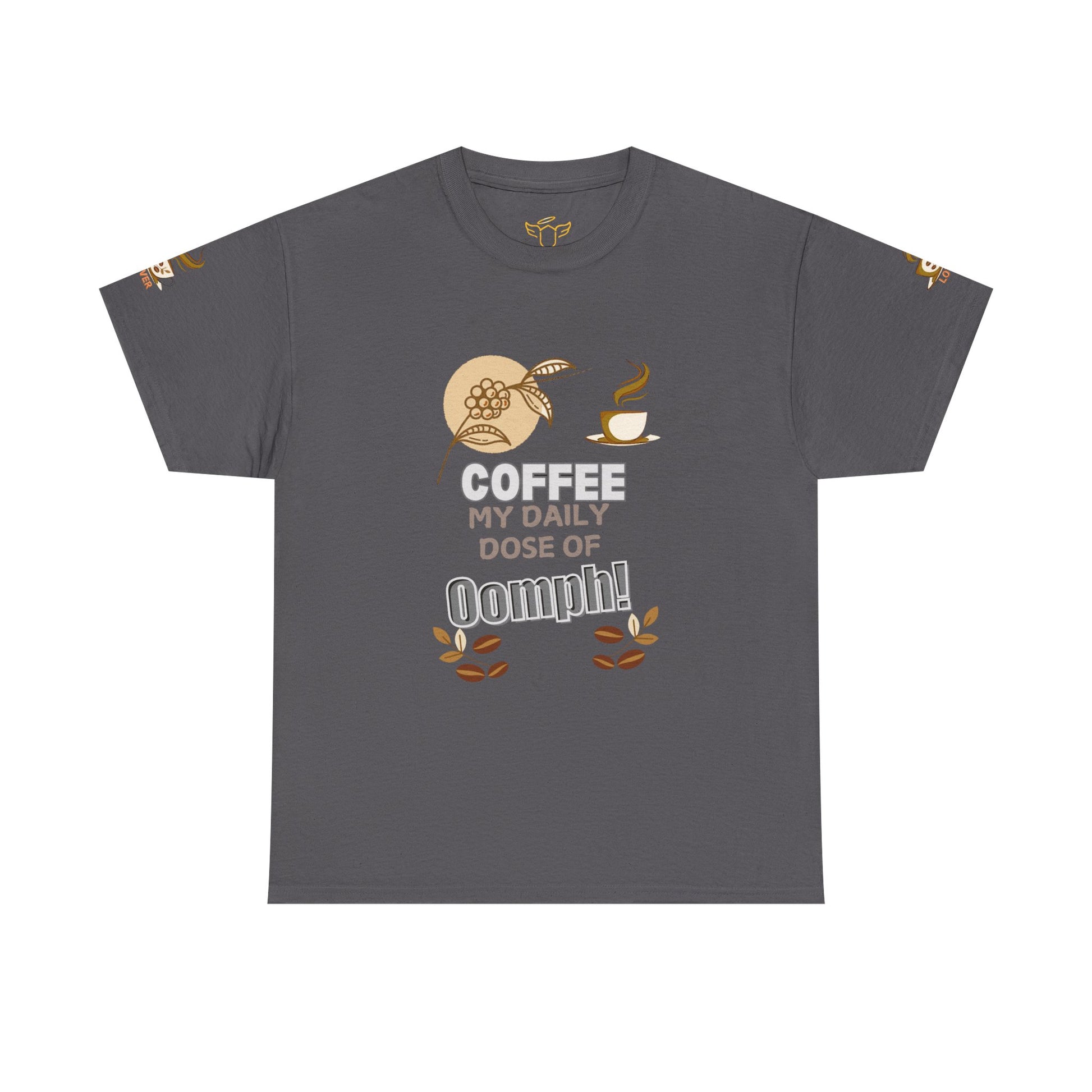 Coffee Lover's Heavy Cotton Unisex T-shirt, Gray t-shirt with coffee-themed graphic and text on a white background