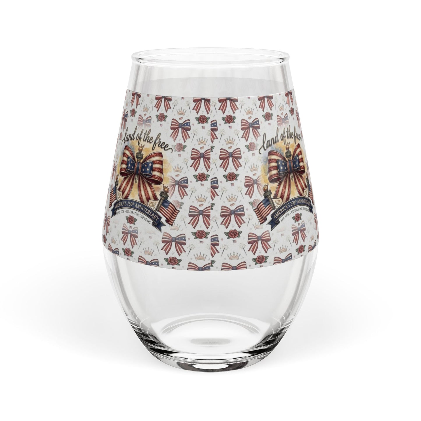 Patriotic Ribbon "Land of the Free" Stemless Wine Glass – USA 250th ANNIVERSARY  Stemless Wine Glass 11.75oz - Trending Novelties & Gifts