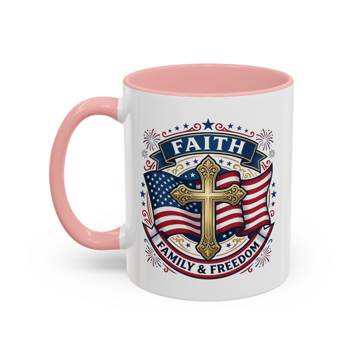 Faith, Family & Freedom Accent Coffee Mug — Patriotic Cross Mug  (USA 250th)