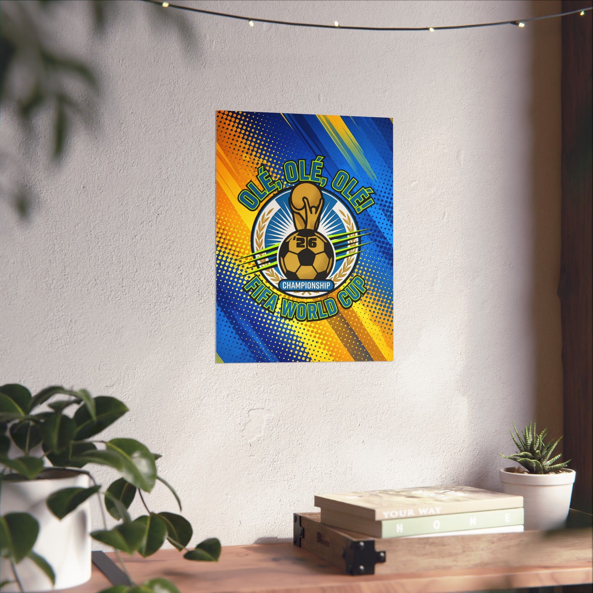 Decorative poster with a soccer design on a wall above a wooden table with plants.