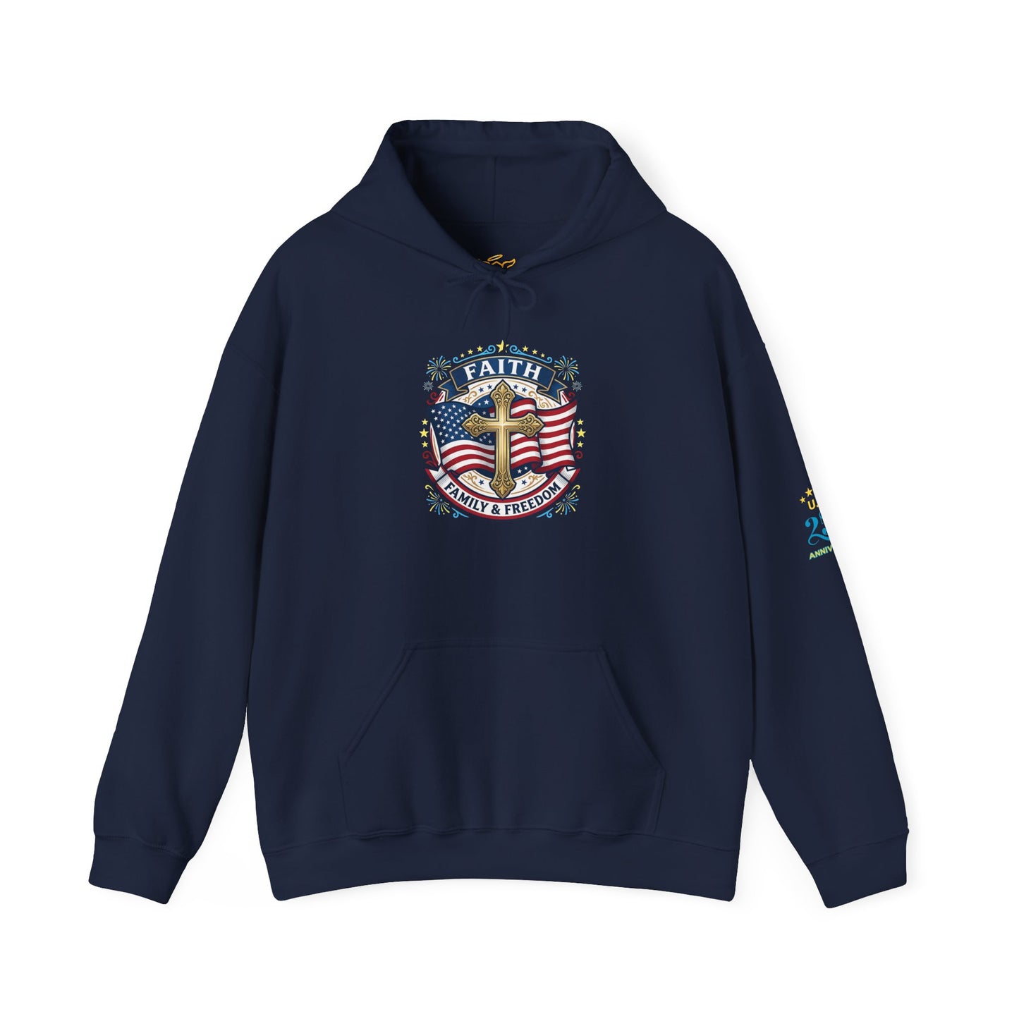 Faith, Family & Freedom Hoodie — Patriotic Cross American Flag Sweatshirt (USA 250th)