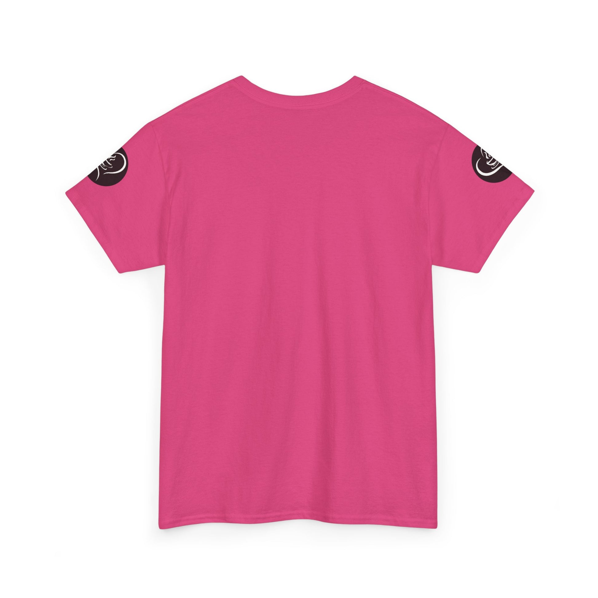 Coffee Lovers Ladies Tee - COFFEE and FRIENDS the Perfect Blend, Pink t-shirt with black circular designs on the sleeves against a white background