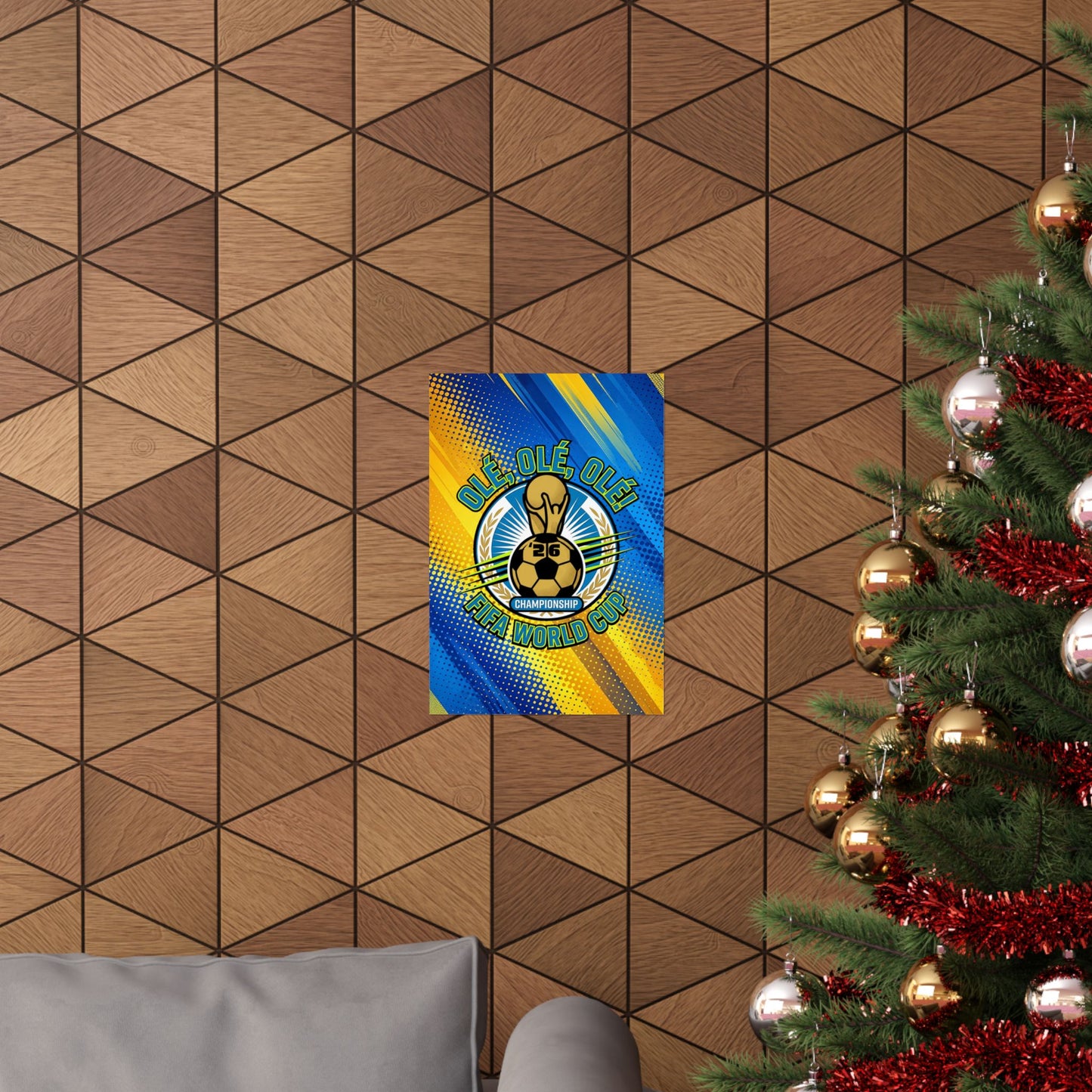 Decorative poster with a logo on a wooden wall next to a Christmas tree.