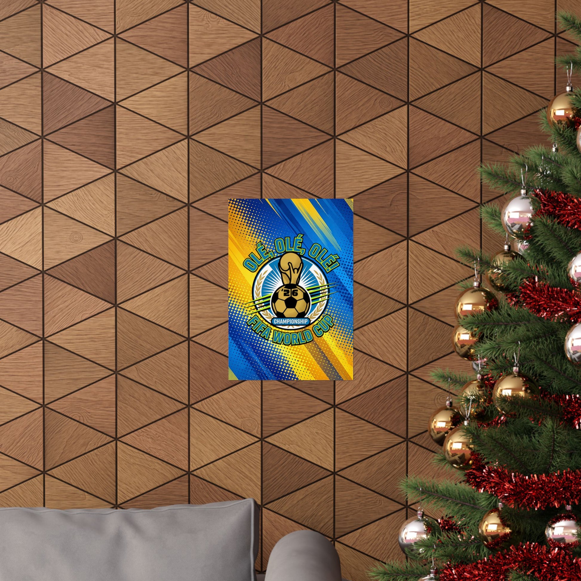 Decorative poster with a logo on a wooden wall next to a Christmas tree.