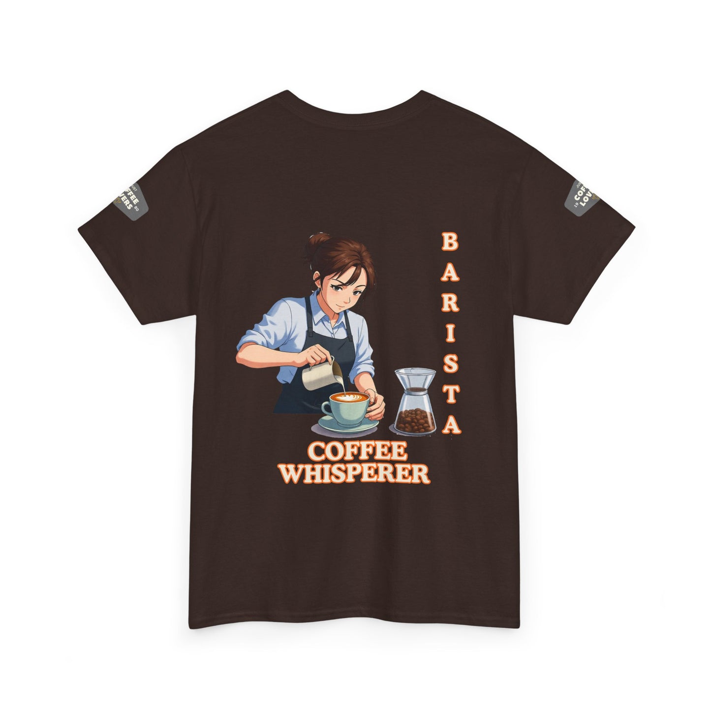 Coffee Lovers Cotton Tee for Female Barista, Brown t-shirt with a graphic of a barista and text 'Coffee Whisperer' on a white background