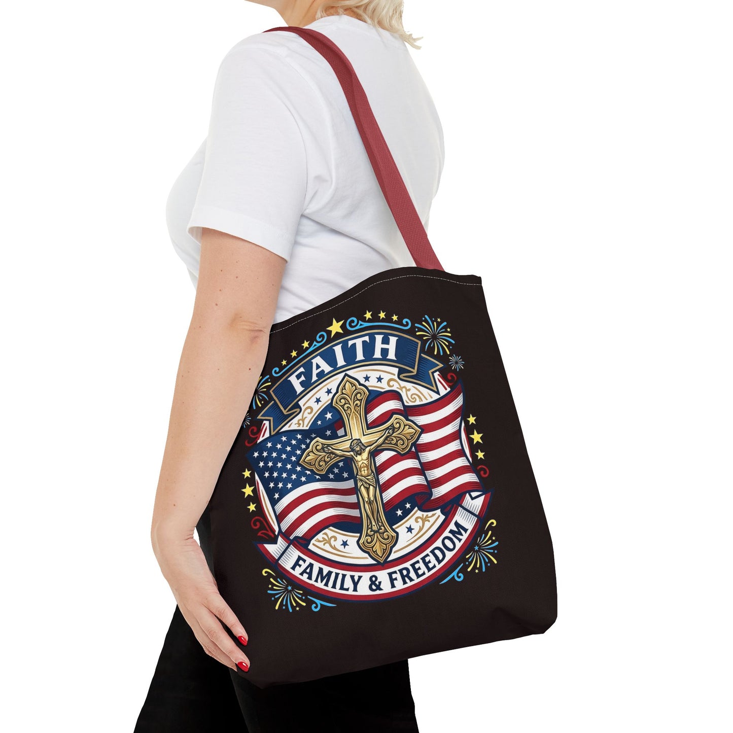 Faith, Family & Freedom Cross Bag — Patriotic American Flag Canvas Tote (USA 250th)