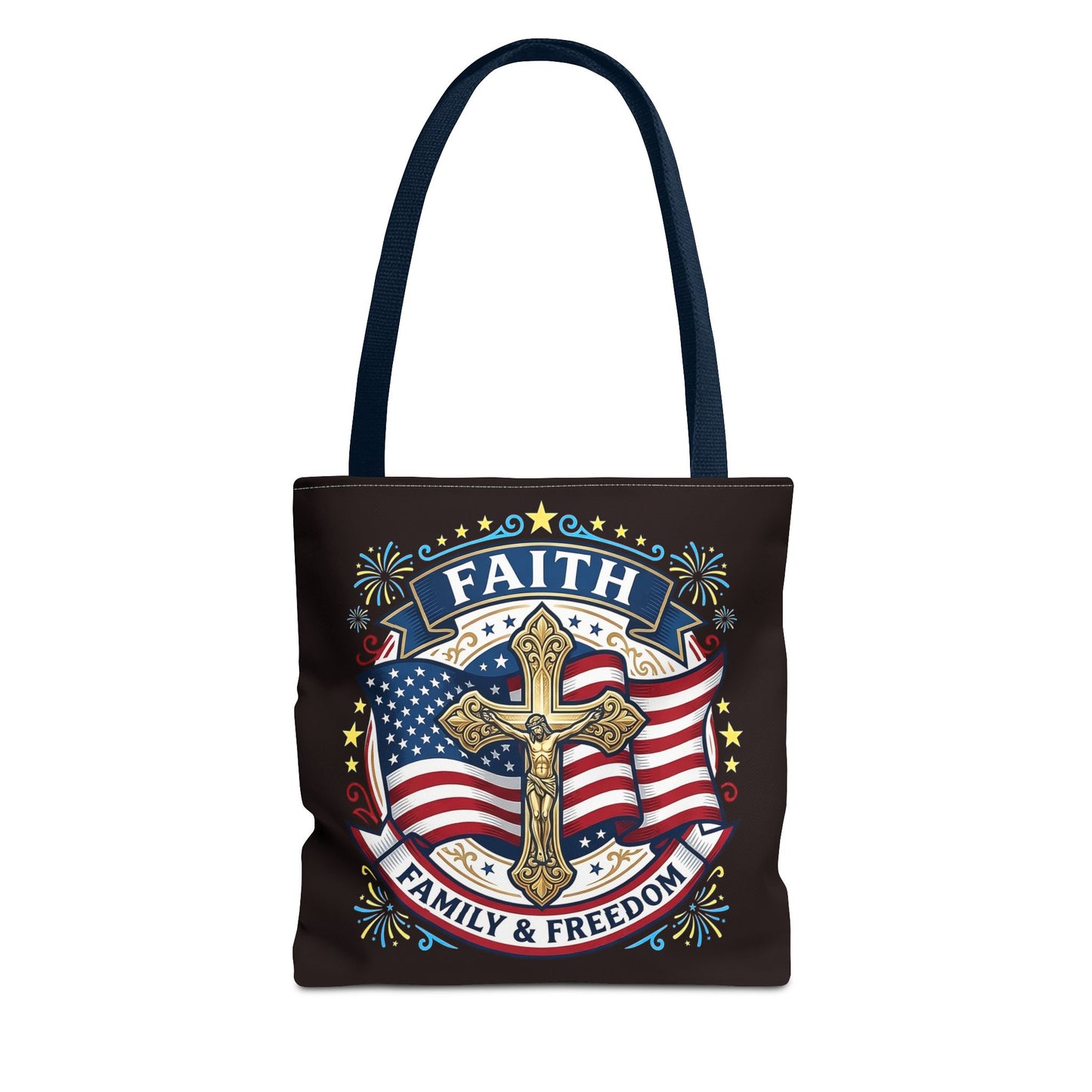 Faith, Family & Freedom Cross Bag — Patriotic American Flag Canvas Tote (USA 250th)