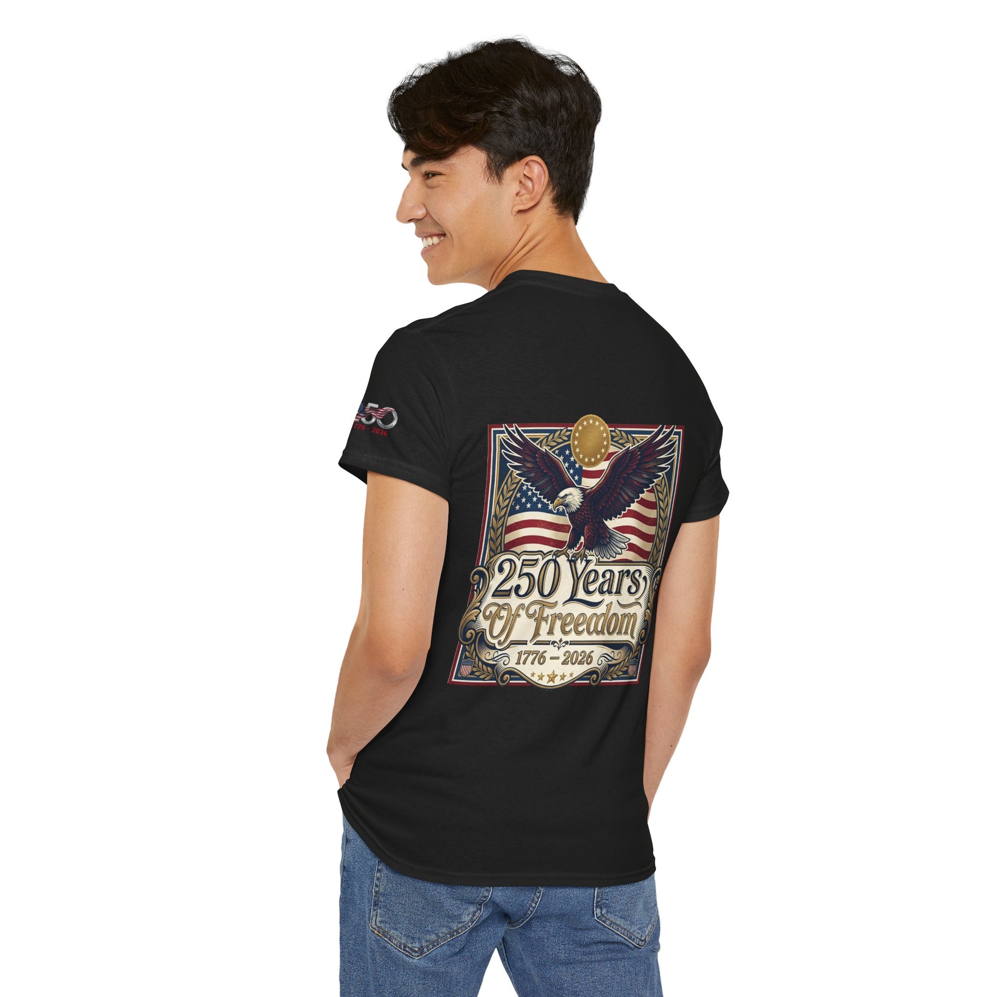 250 Years of Freedom T-Shirt — USA 250TH Anniversary Patriotic Eagle Tee, Person wearing a black t-shirt with a graphic design on the back, featuring an eagle and American flag.