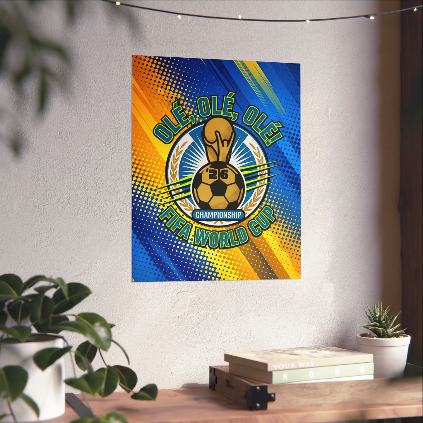 Colorful poster with soccer ball design on a wall above a desk with plants.