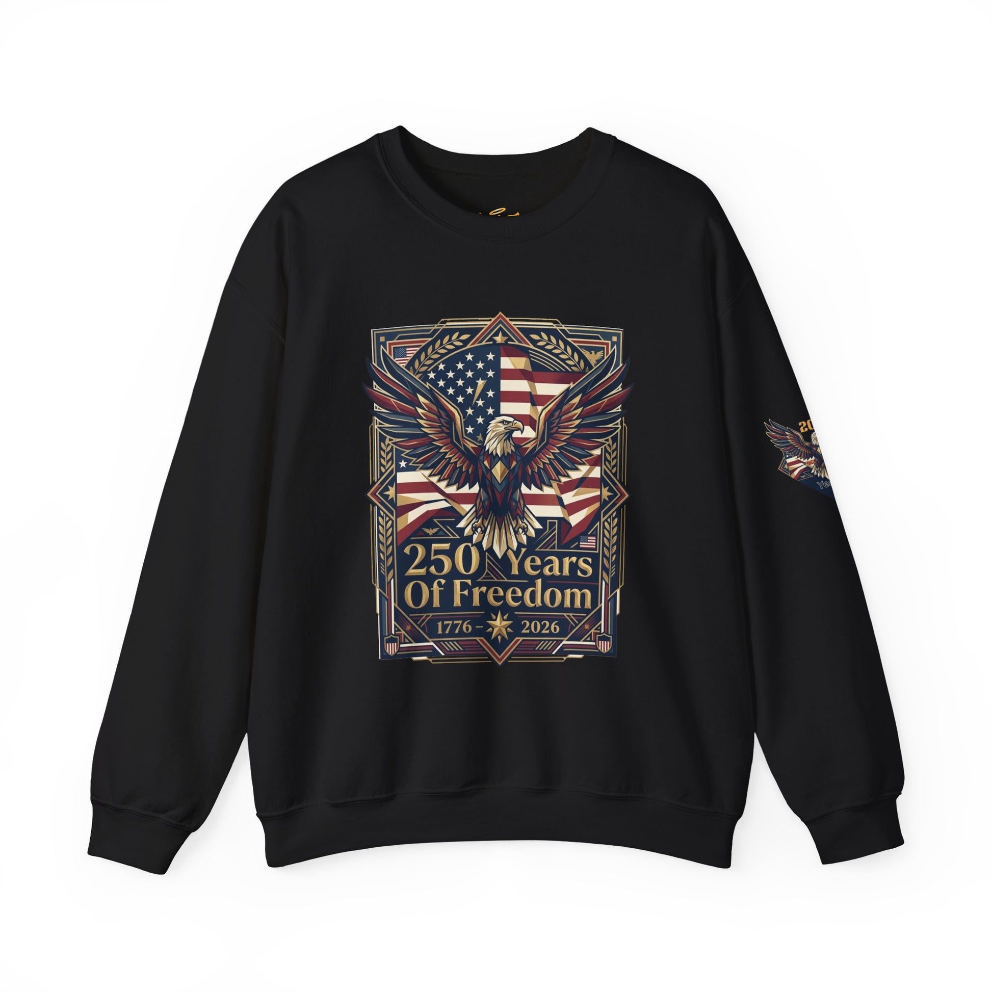USA 250th ANNIVERSARY Crewneck Sweatshirt , Black sweatshirt with '250 Years of Freedom' design featuring an eagle and American flag on a white background.