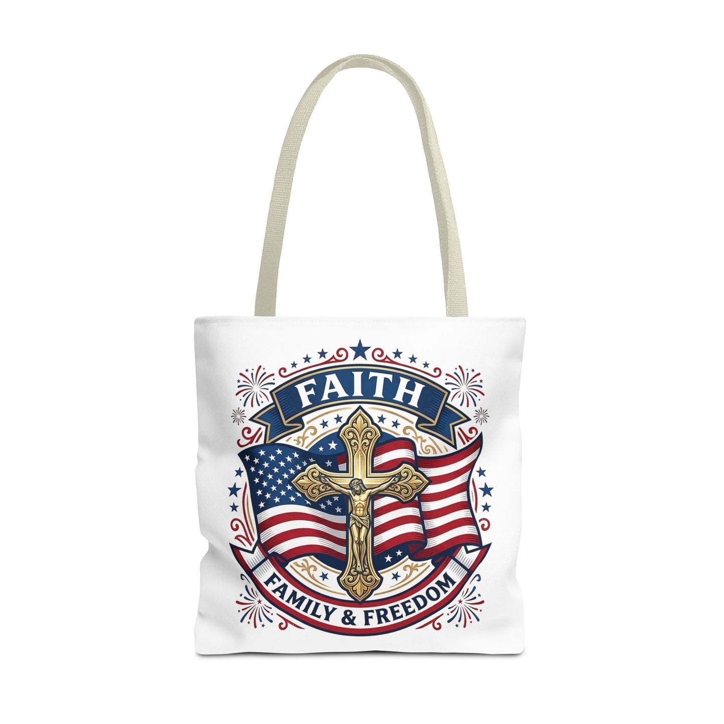 Faith, Family & Freedom Tote Bag — Patriotic Cross American Flag Tote (USA 250th)