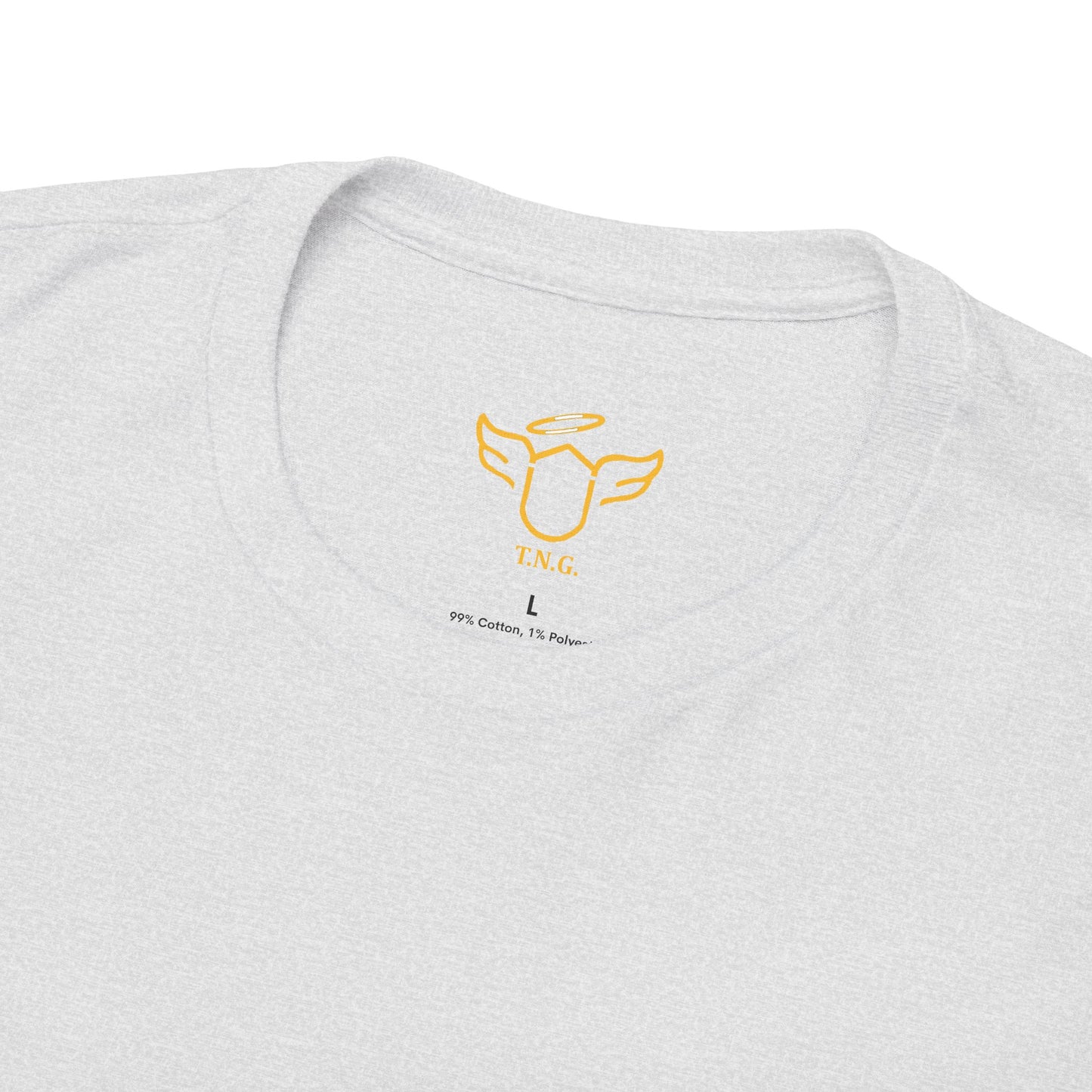 Gray t-shirt with a yellow logo on a white background