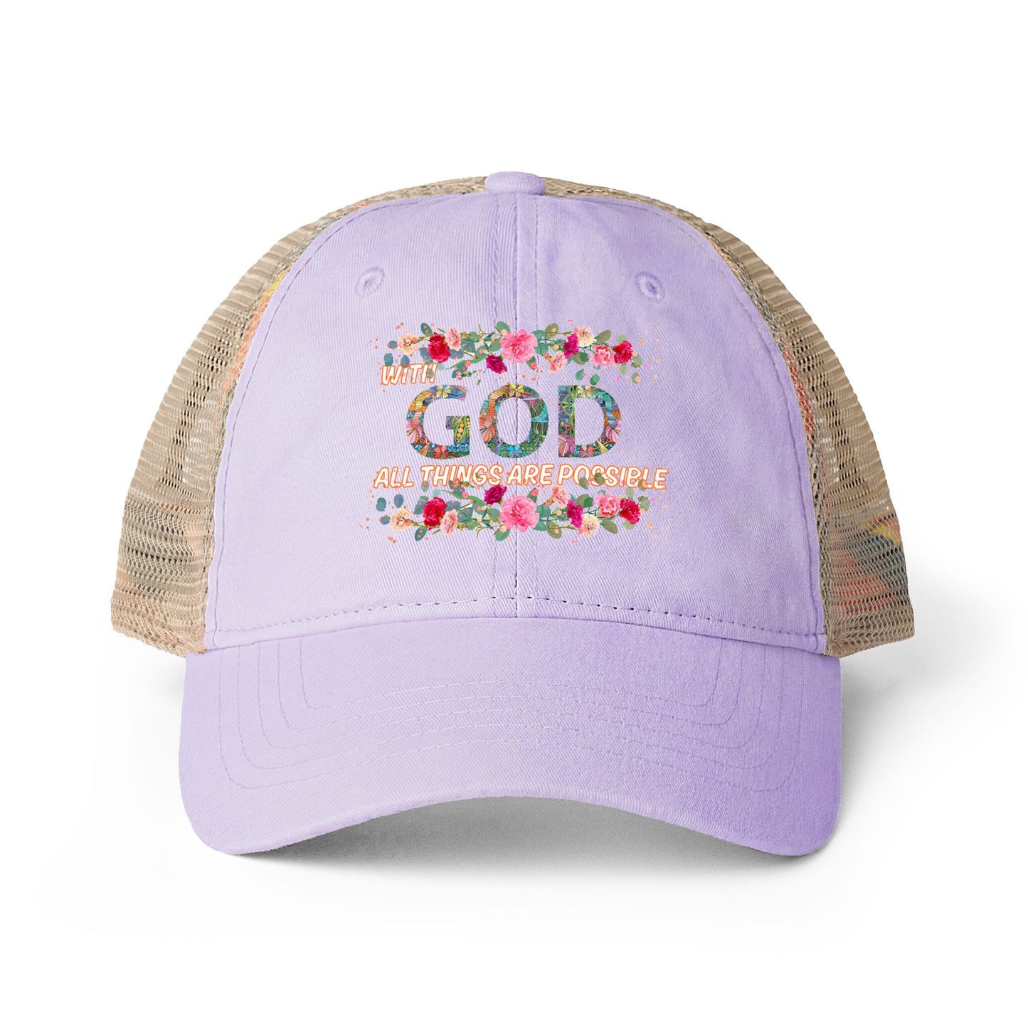 Lavender cap with floral text design on  on the front of cap