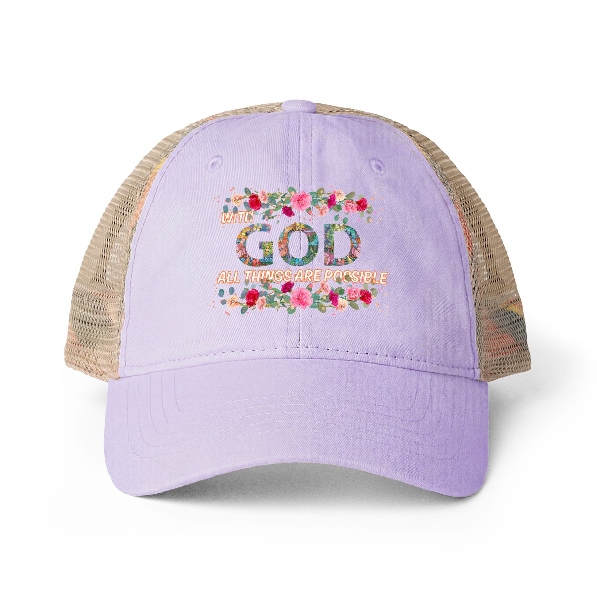 Lavender cap with floral text design on  on the front of cap