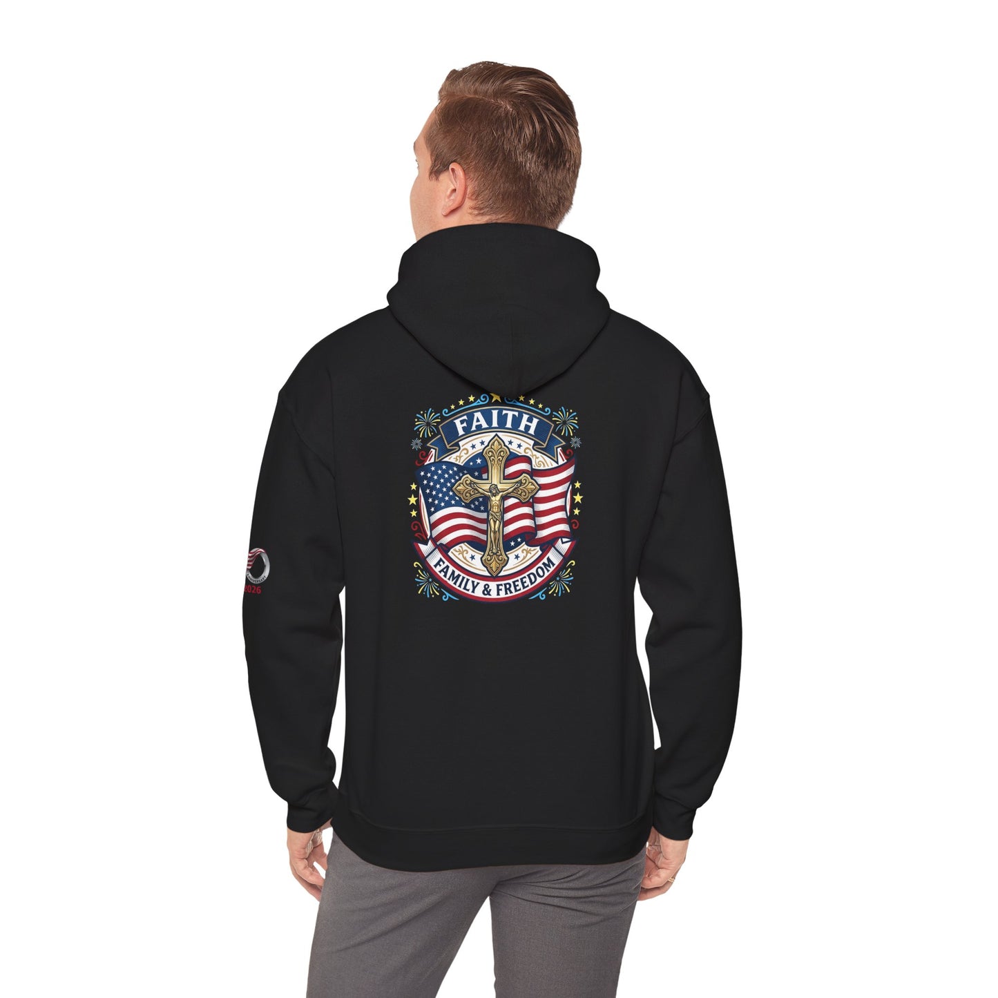 Catholic Faith, Family & Freedom Hoodie — American Flag Cross Patriotic Pullover (USA 250th)