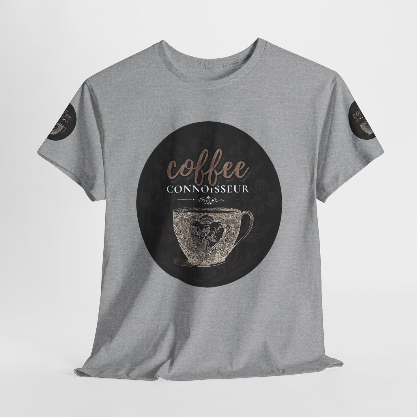 COFFEE LOVERS COTTON TEES For Connoisseurs, Gray t-shirt with 'coffee connoisseur' graphic on a white background