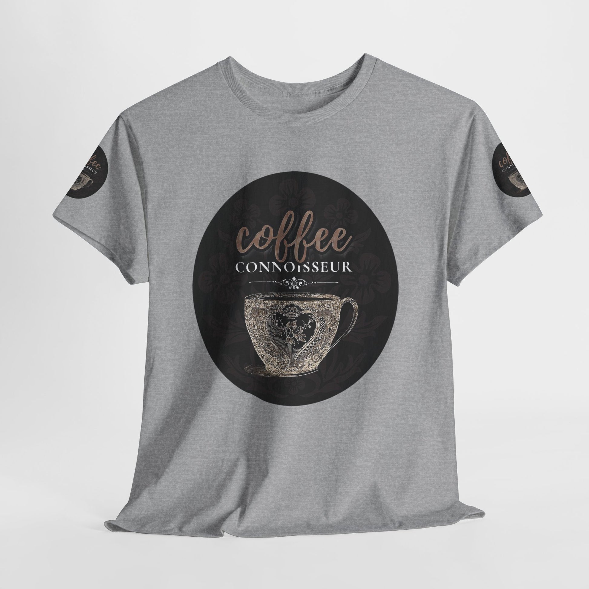 COFFEE LOVERS COTTON TEES For Connoisseurs, Gray t-shirt with 'coffee connoisseur' graphic on a white background
