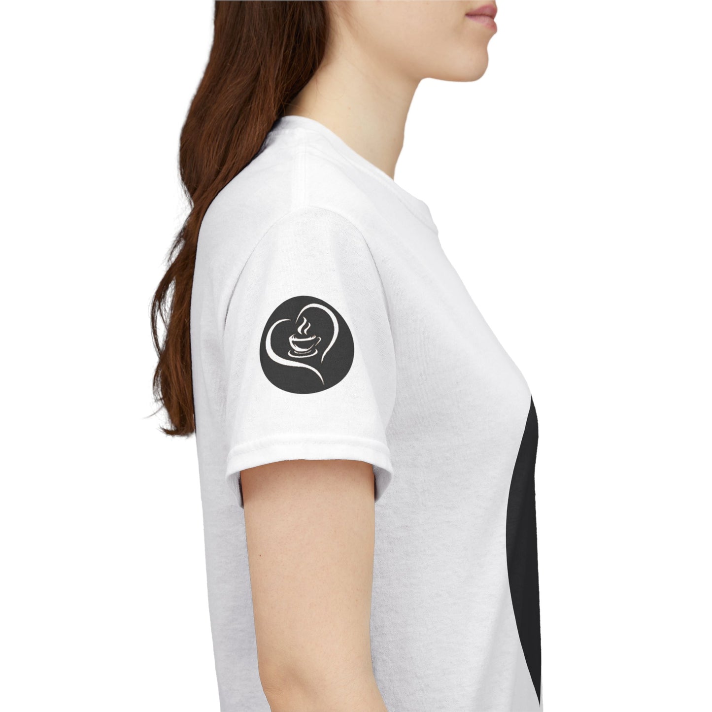Coffee Lovers Ladies Tee - COFFEE and FRIENDS the Perfect Blend, Person wearing a white t-shirt with a black logo on the sleeve against a white background