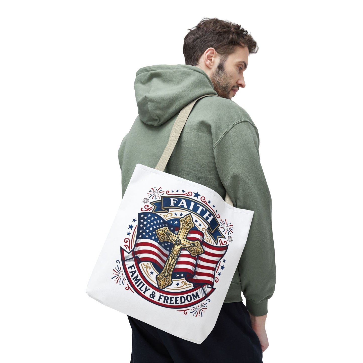 Faith, Family & Freedom Tote Bag — Patriotic Cross American Flag Tote (USA 250th)