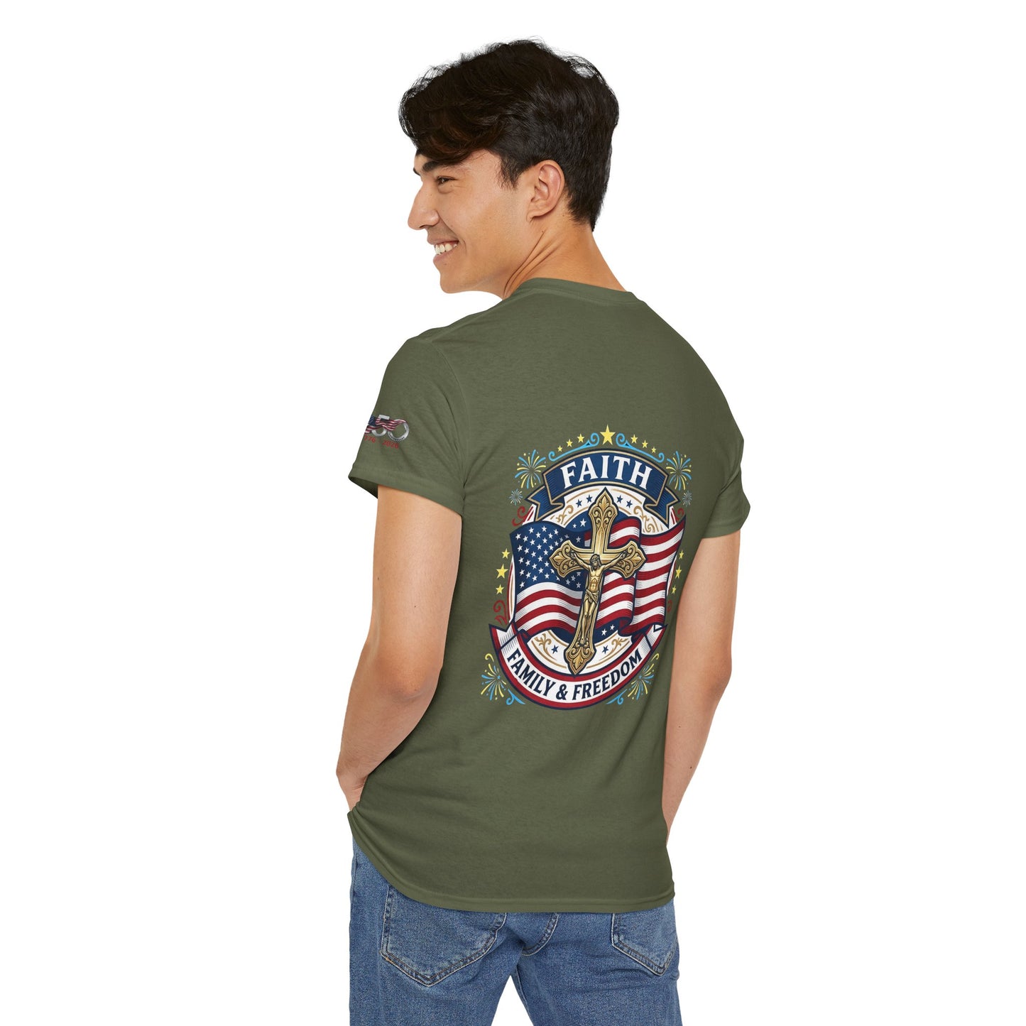 Catholic Faith Family & Freedom T-Shirt — American Flag Cross Patriotic T-shirt (USA 250th)