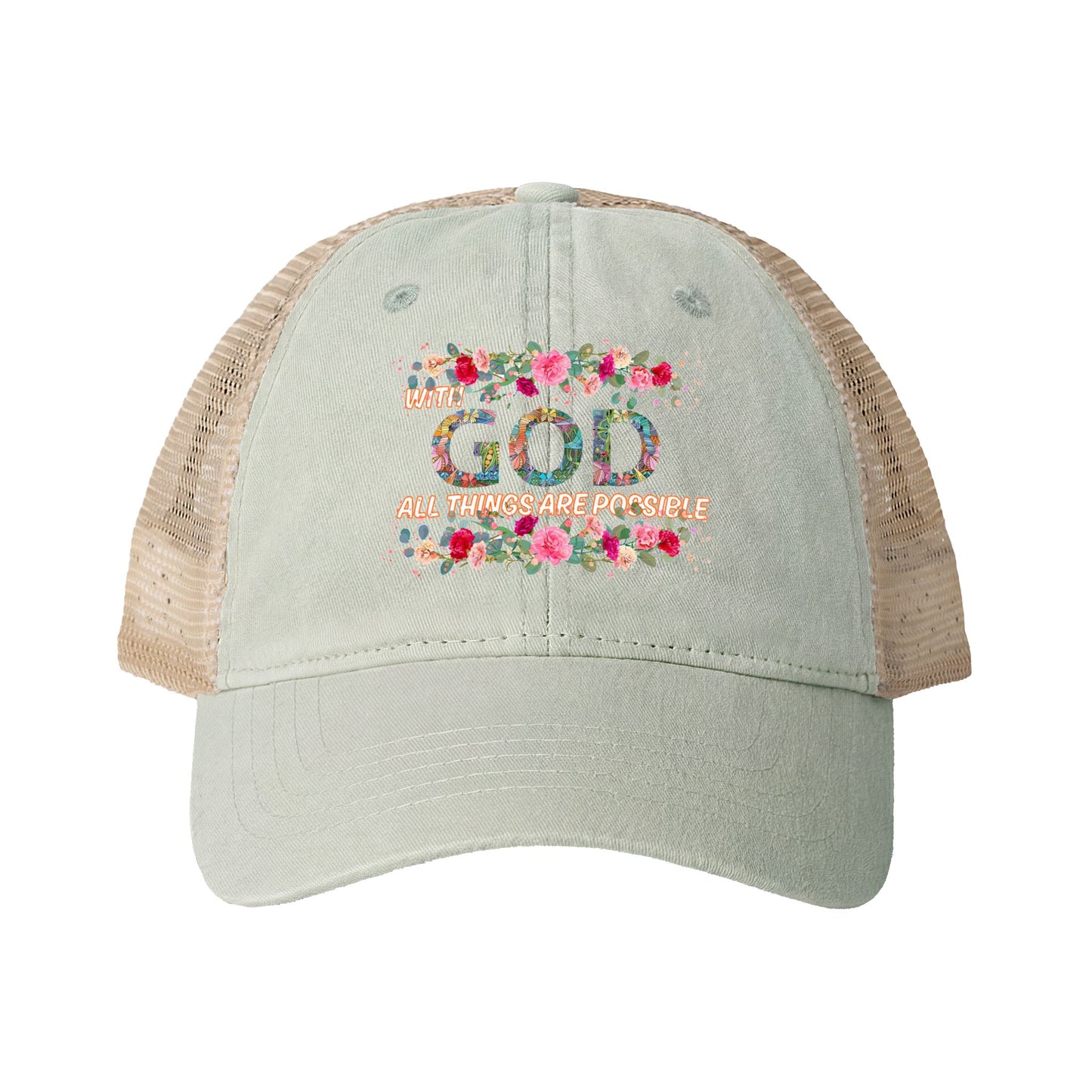 Cap with Christian floral text design on a front of cap