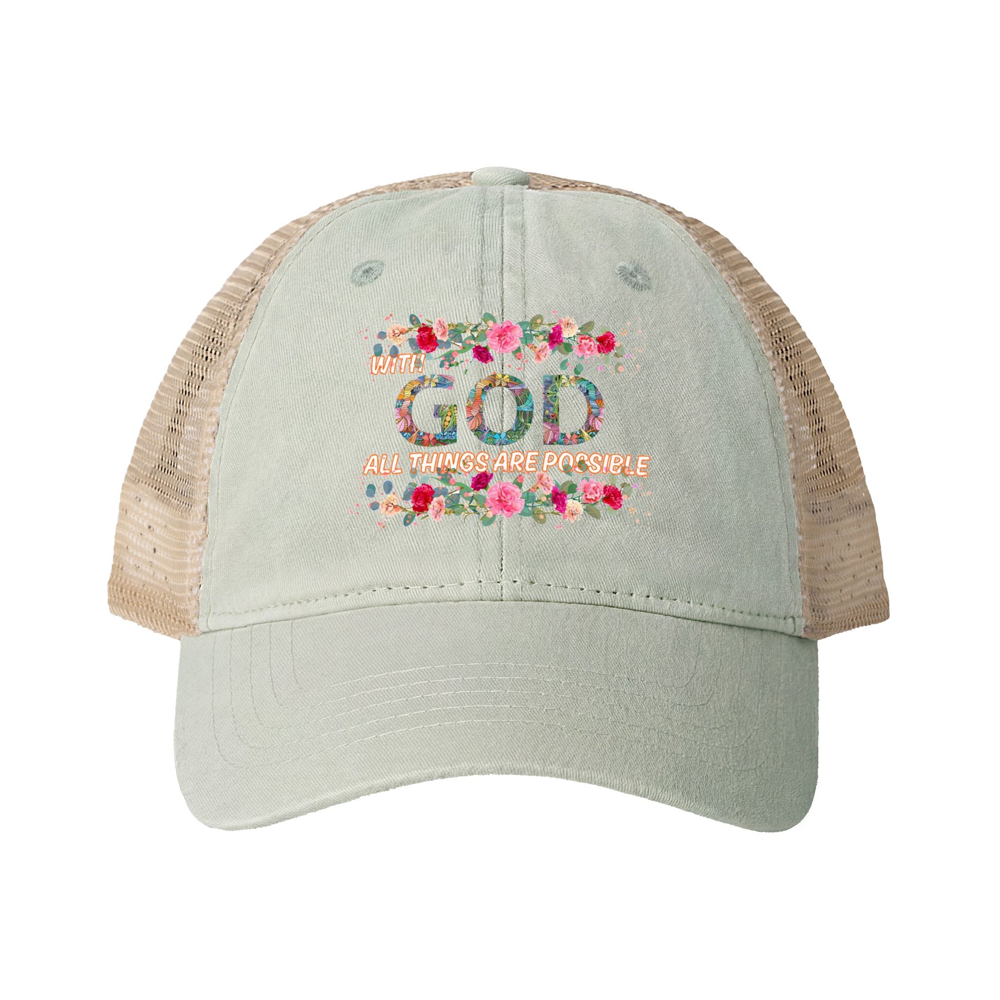 Cap with Christian floral text design on a front of cap
