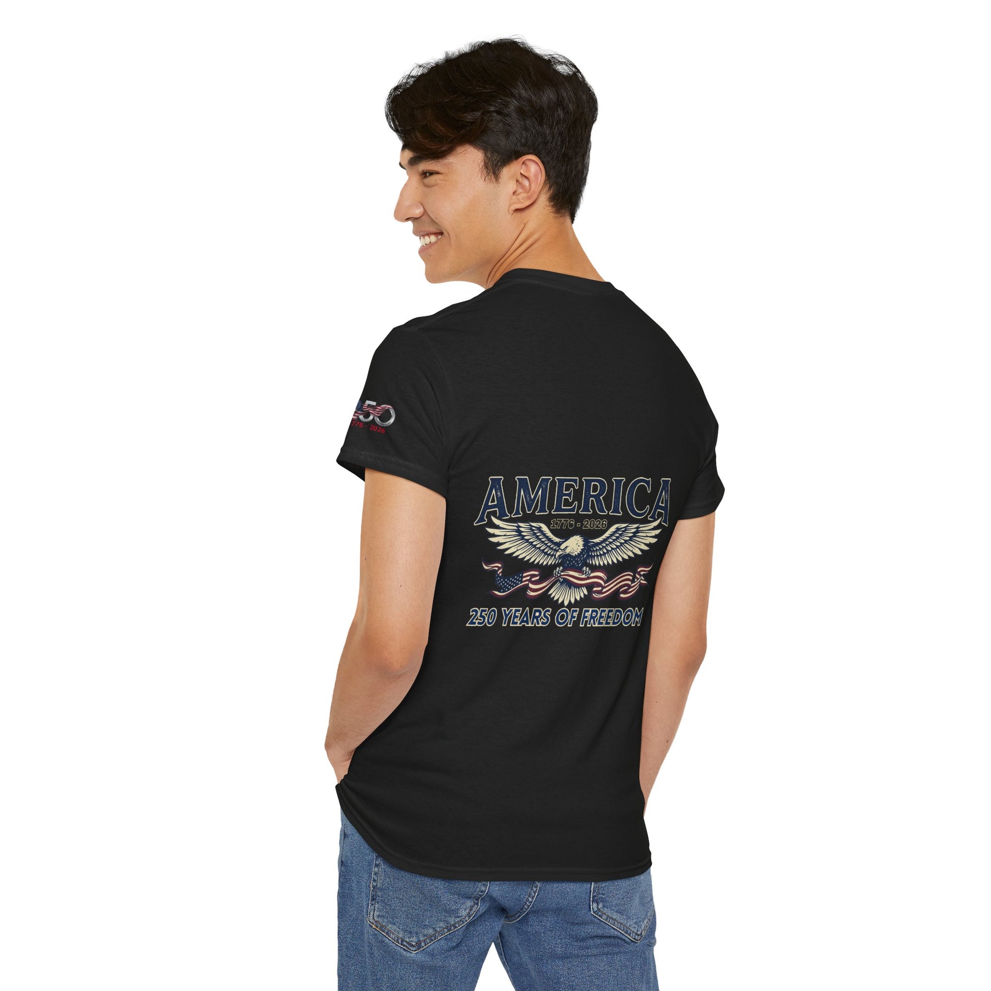 America 250 Years of Freedom T-Shirt — USA 250th ANNIVERSARY T-shirt, Person wearing a black t-shirt with 'America' design on the back, standing against a white background