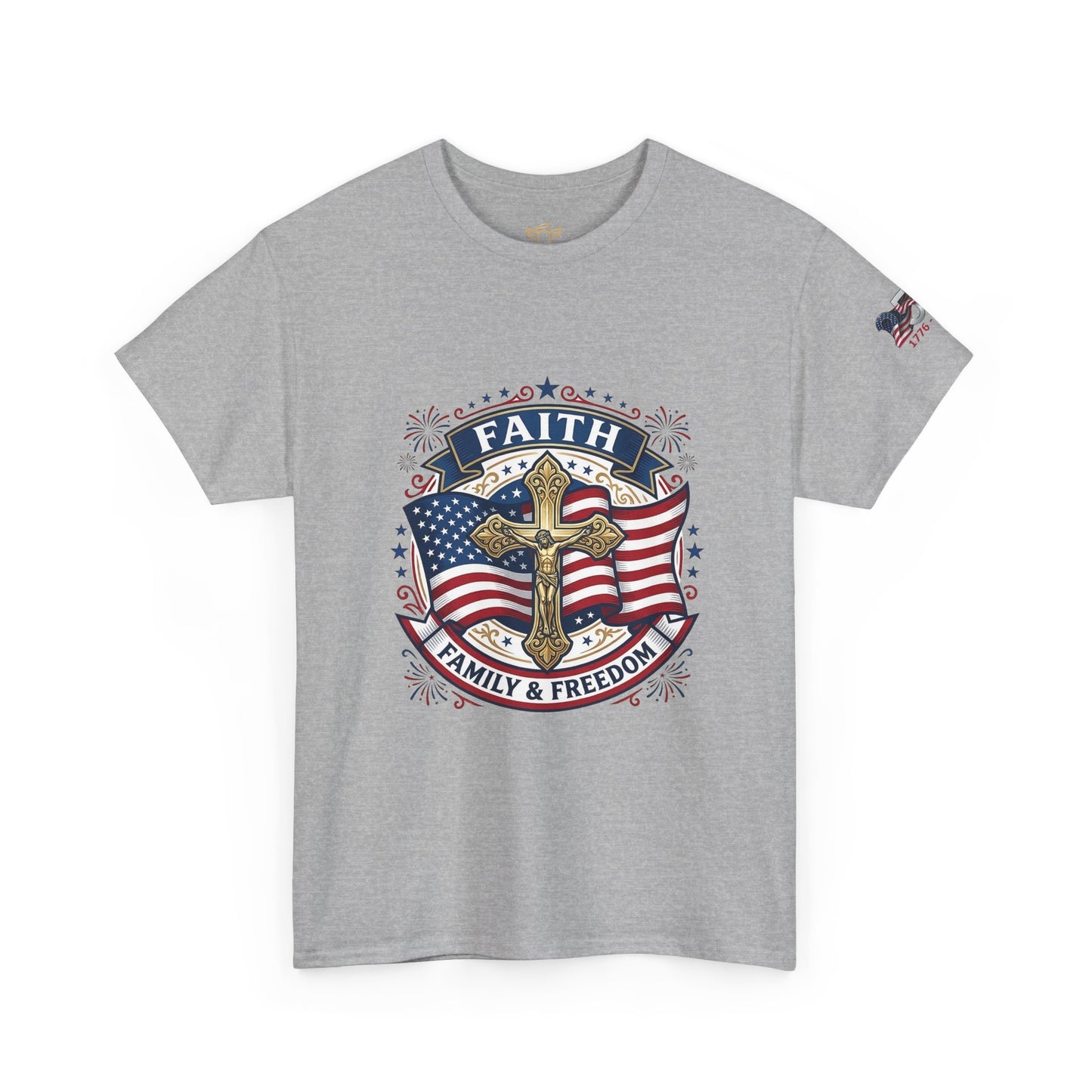 Catholic Faith, Family & Freedom T‑Shirt — Patriotic Cross American Flag Tee (USA 250th)
