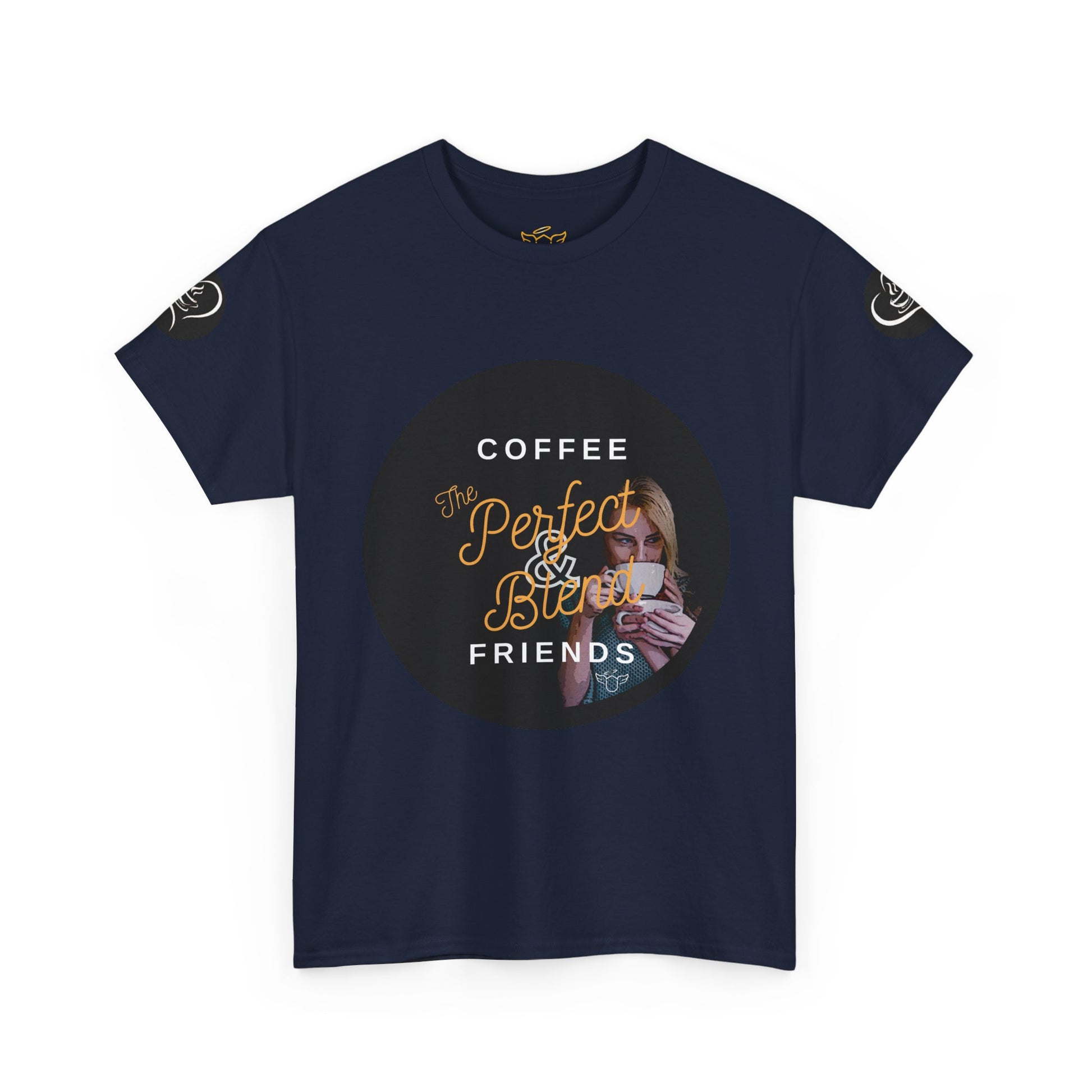 Coffee Lovers Ladies Tee - COFFEE and FRIENDS the Perfect Blend, Navy blue t-shirt with graphic design and text on a white background