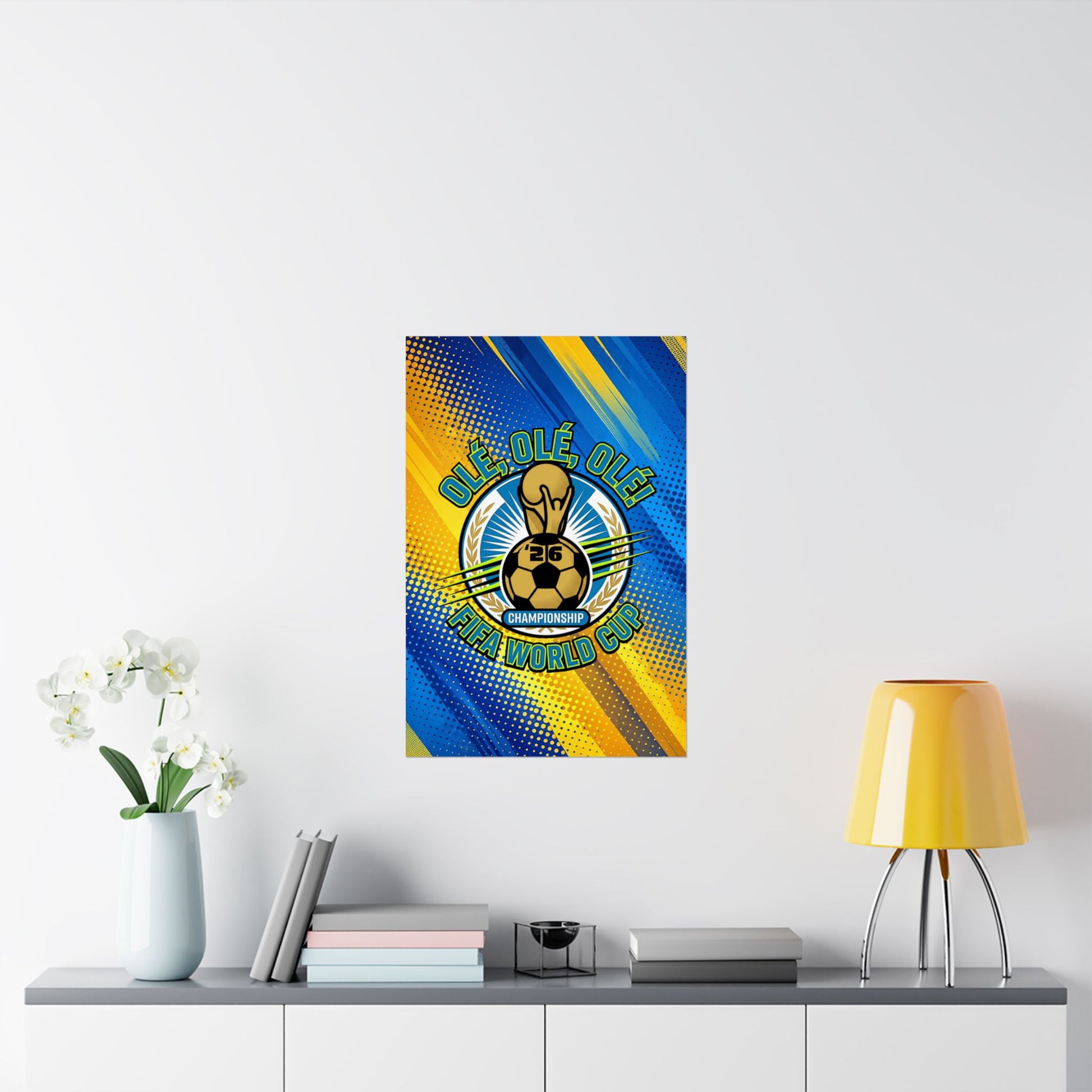Framed poster with a colorful design on a wall above a shelf with decor items.